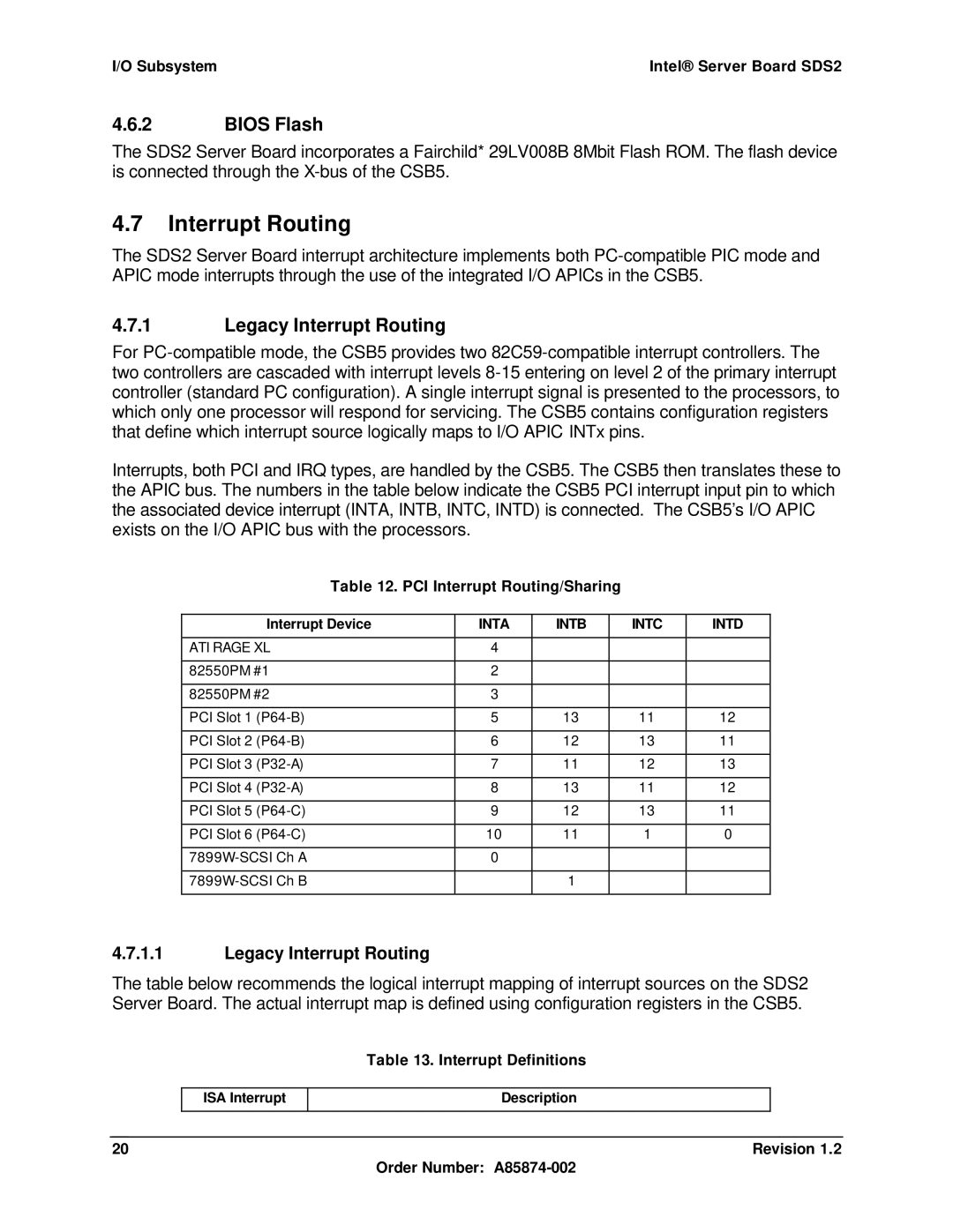 Intel SDS2 manual Bios Flash, Legacy Interrupt Routing 