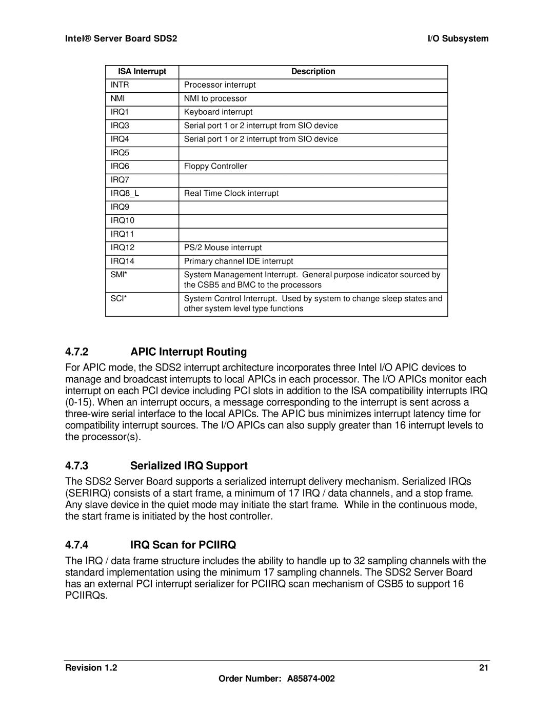 Intel SDS2 manual Apic Interrupt Routing, Serialized IRQ Support, IRQ Scan for Pciirq 