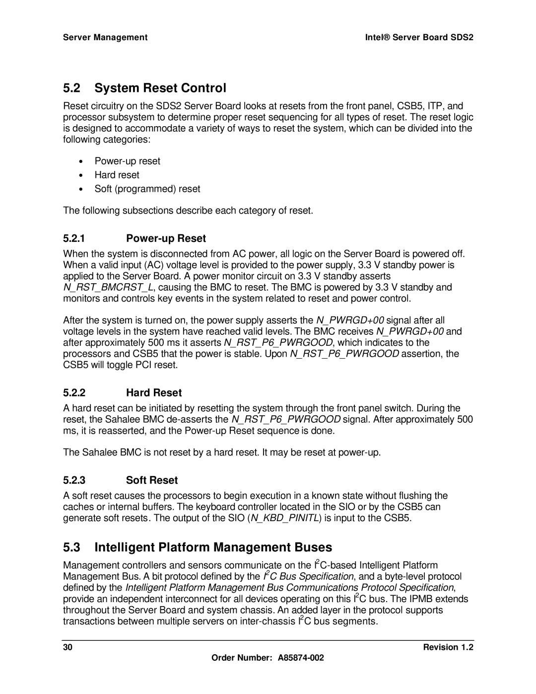 Intel SDS2 manual System Reset Control, Intelligent Platform Management Buses, Power-up Reset, Hard Reset, Soft Reset 