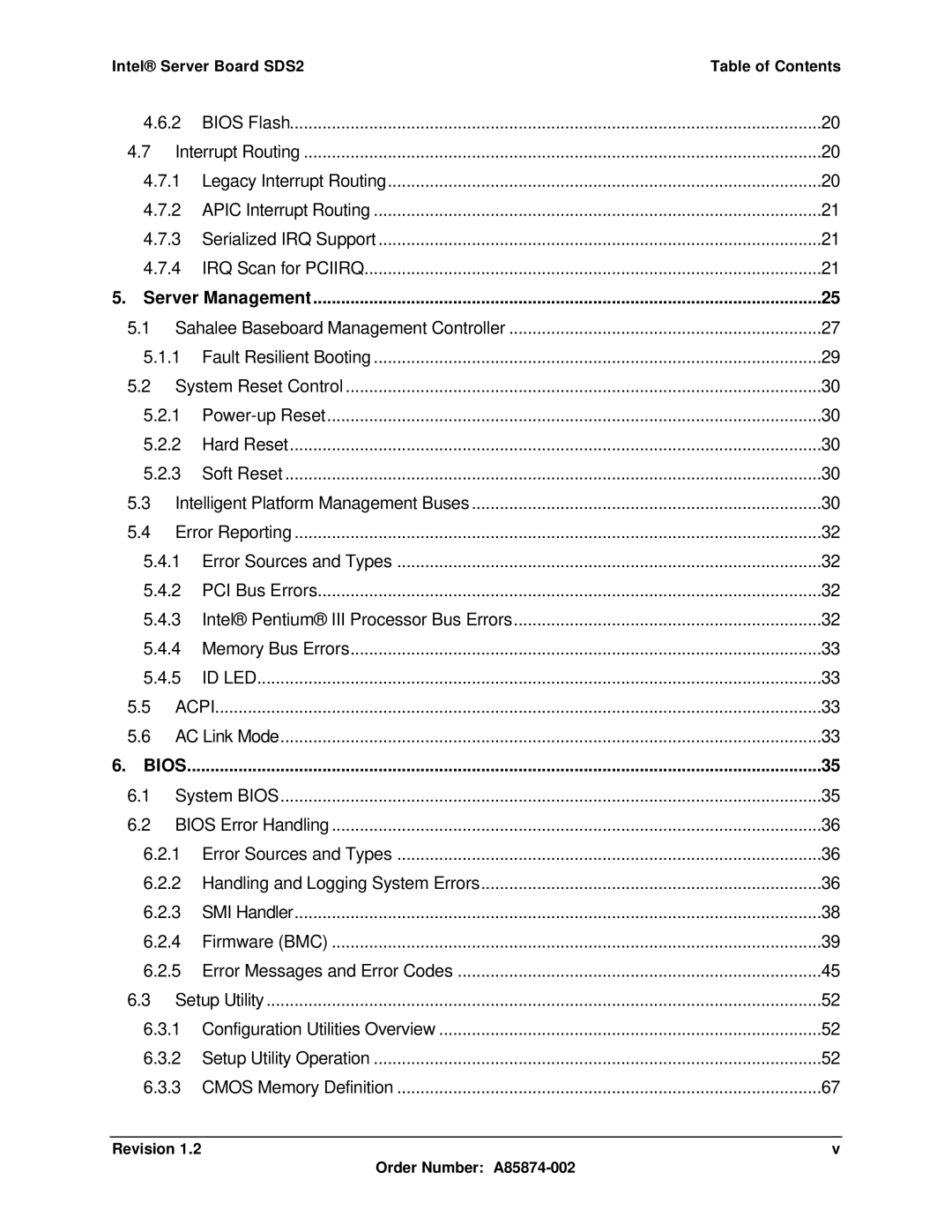 Intel manual Intel Server Board SDS2 Table of Contents, Revision Order Number A85874-002 