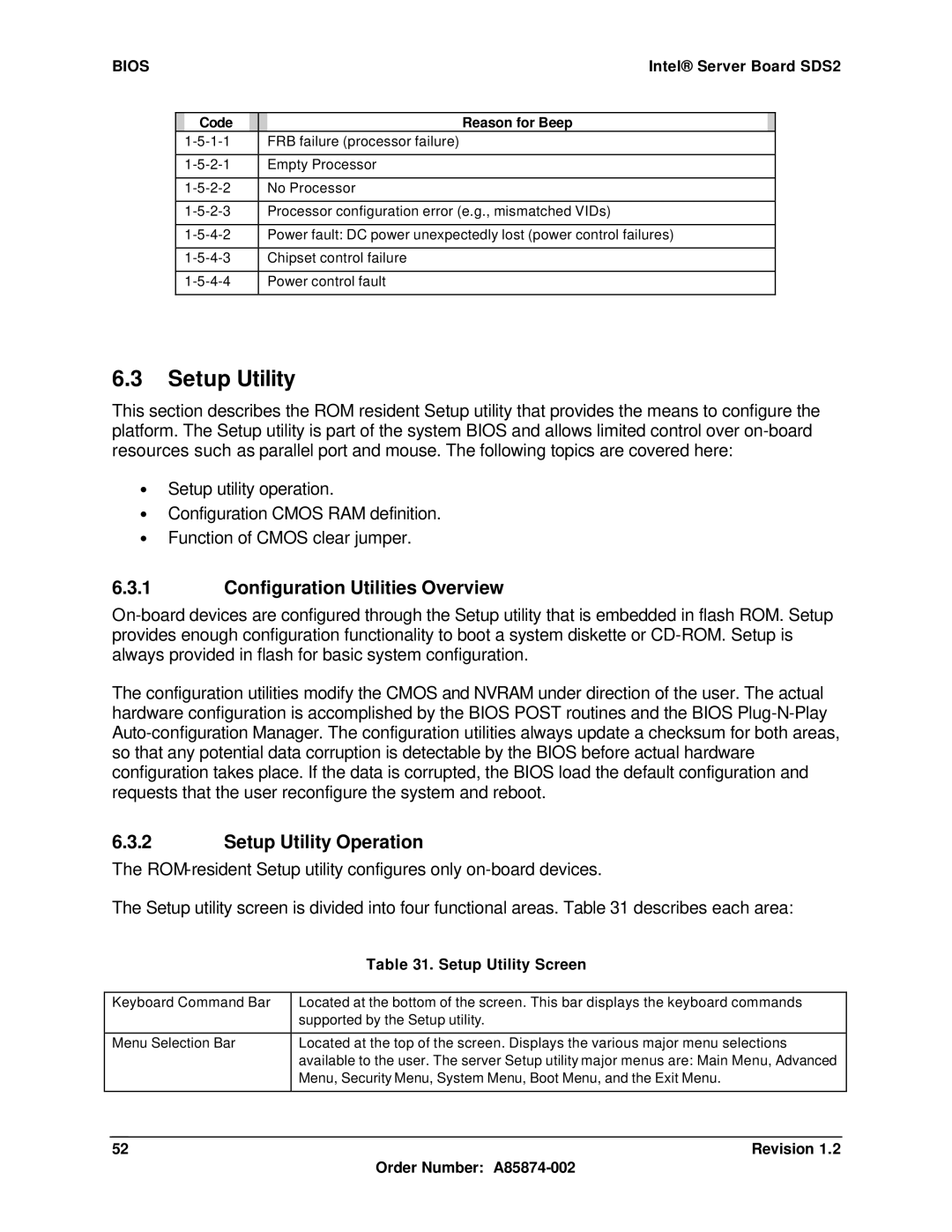 Intel SDS2 manual Configuration Utilities Overview, Setup Utility Operation, Setup Utility Screen, Code Reason for Beep 