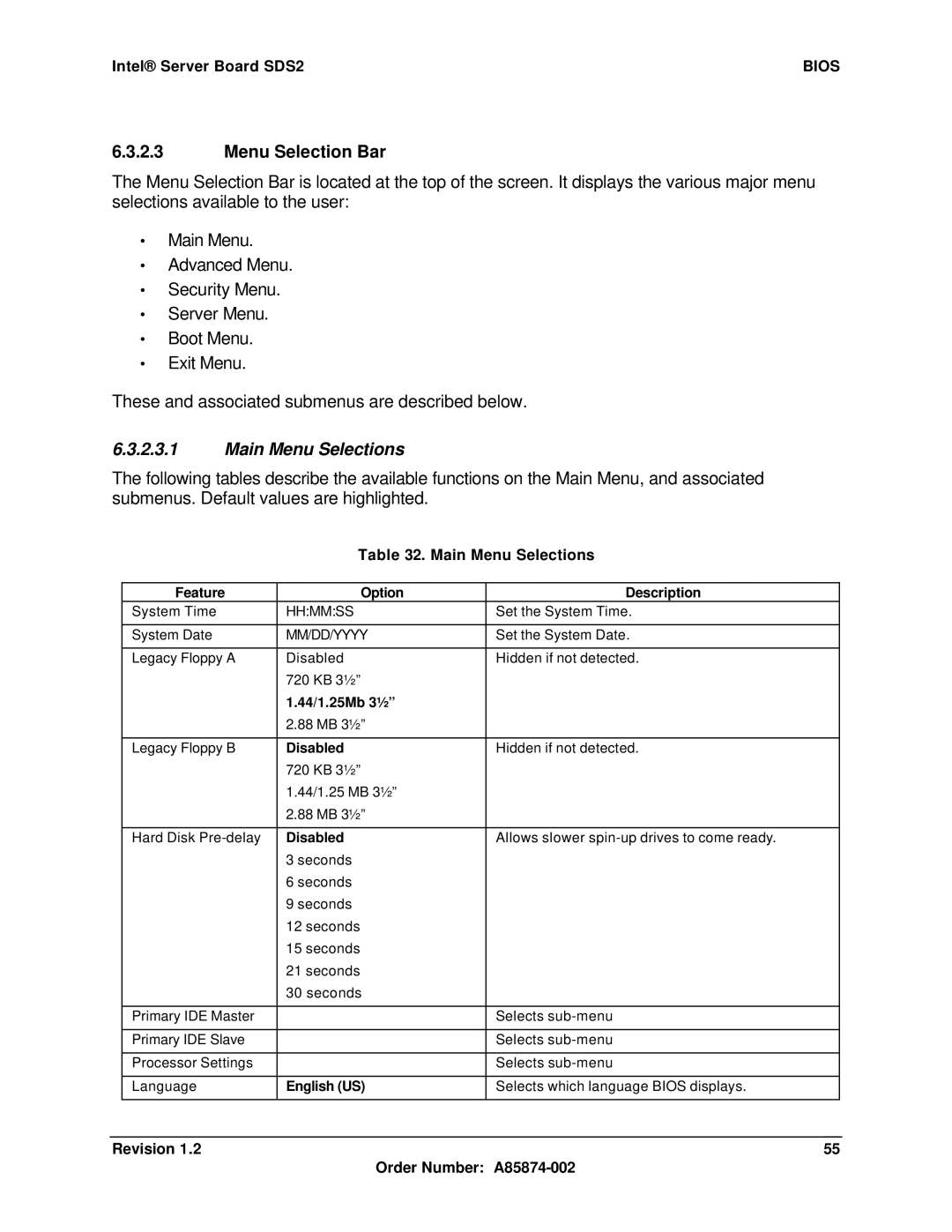 Intel SDS2 manual Menu Selection Bar, Main Menu Selections 