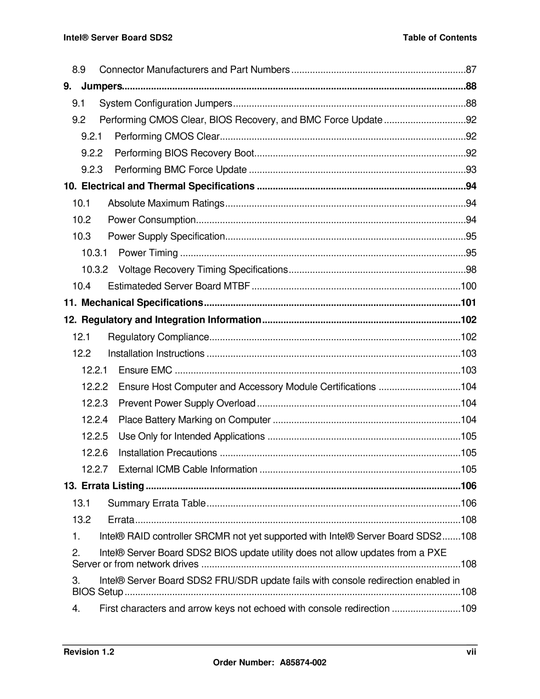 Intel SDS2 manual 101, 102, 106, Revision Vii Order Number A85874-002 