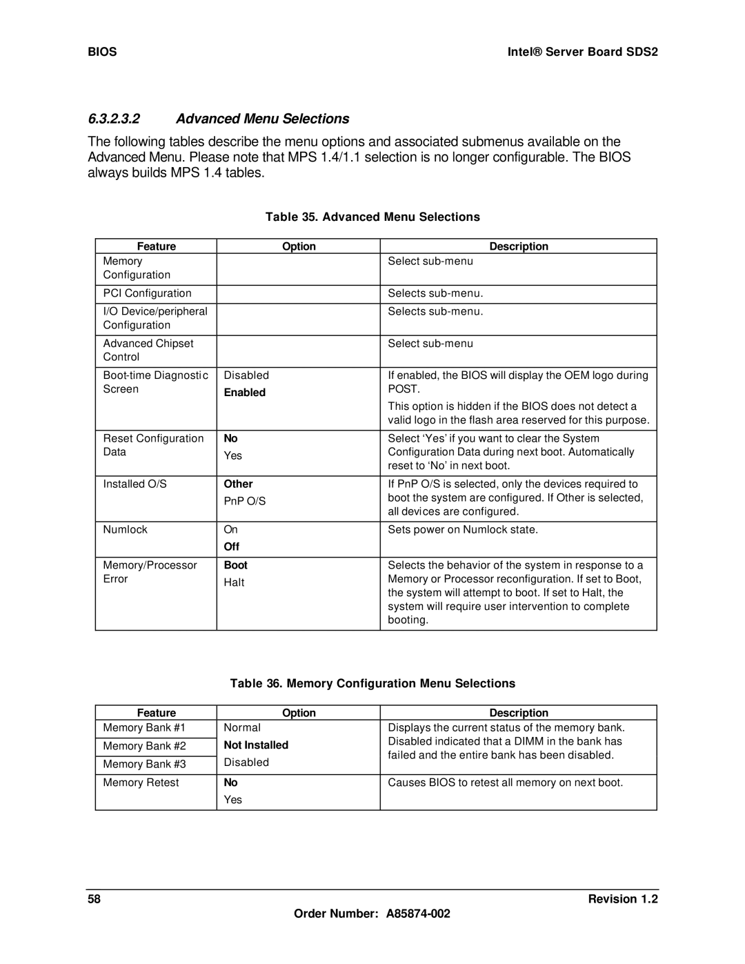 Intel SDS2 manual Advanced Menu Selections, Memory Configuration Menu Selections 