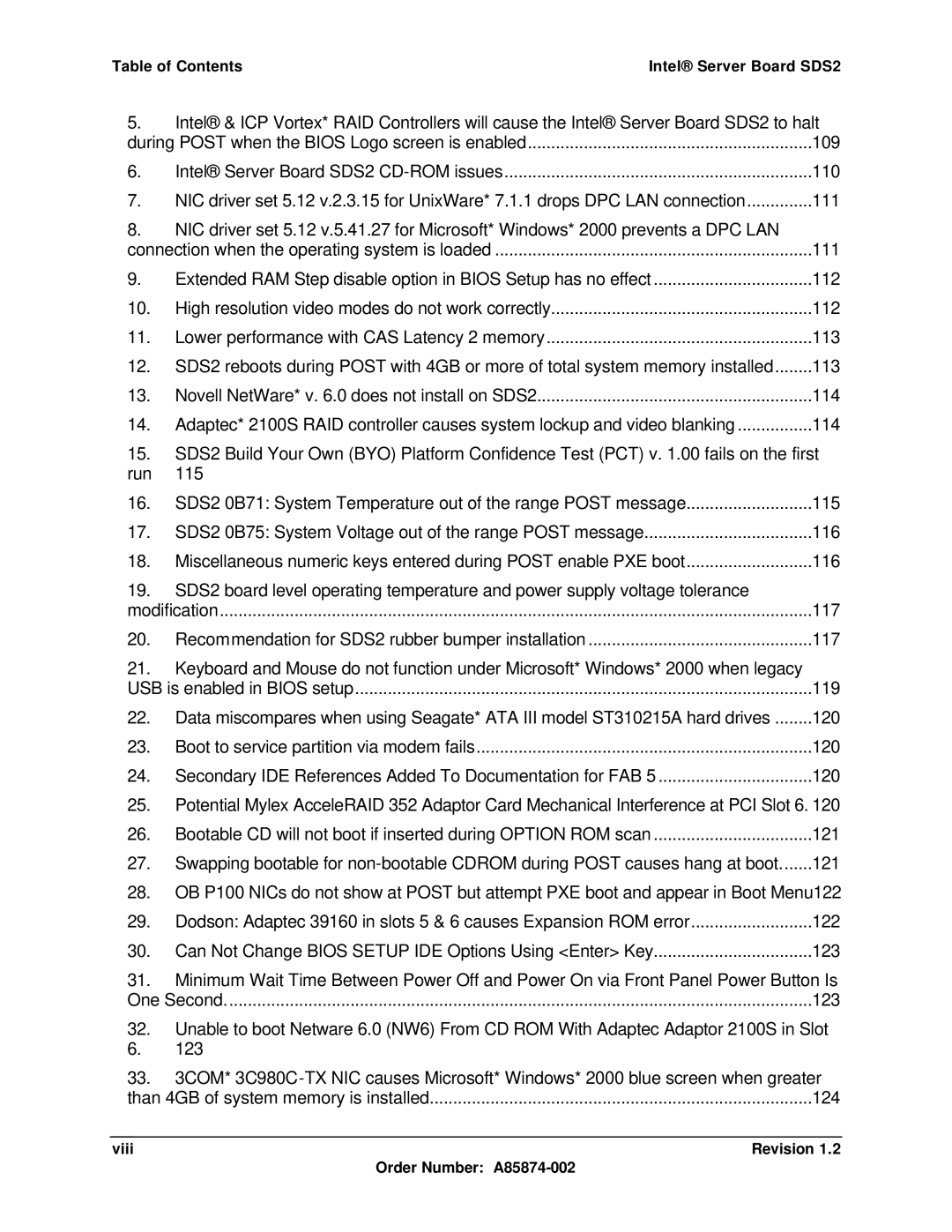 Intel SDS2 manual 124, Viii Revision Order Number A85874-002 