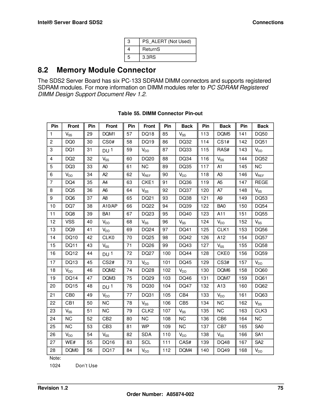 Intel manual Memory Module Connector, Intel Server Board SDS2 Connections, Dimm Connector Pin-out, Pin Front Back 