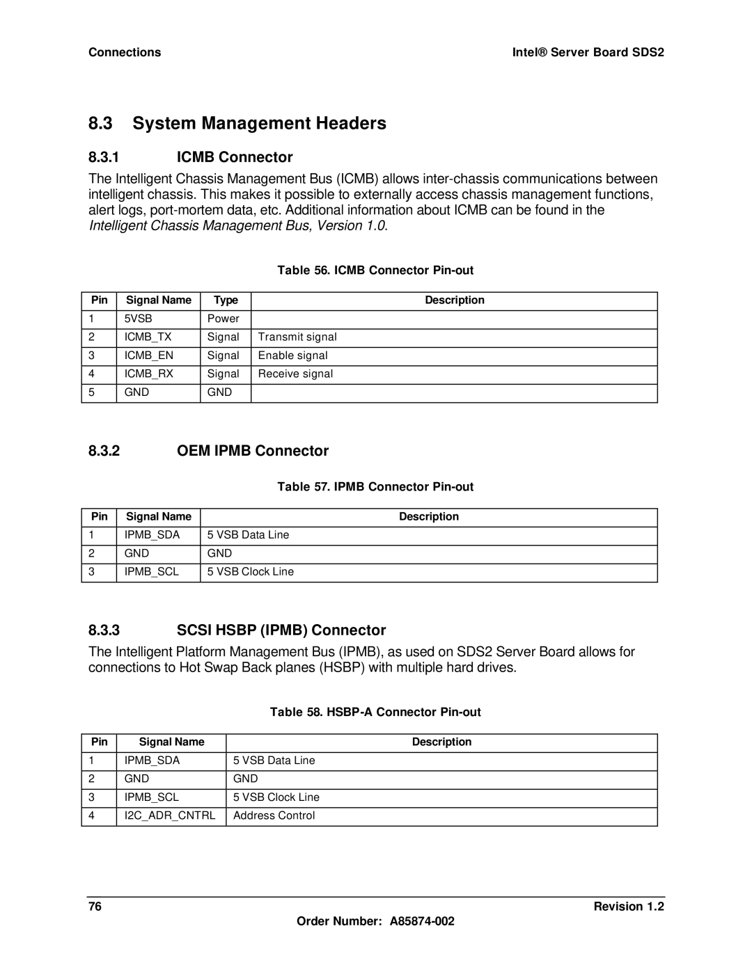 Intel SDS2 manual System Management Headers, Icmb Connector, OEM Ipmb Connector, Scsi Hsbp Ipmb Connector 