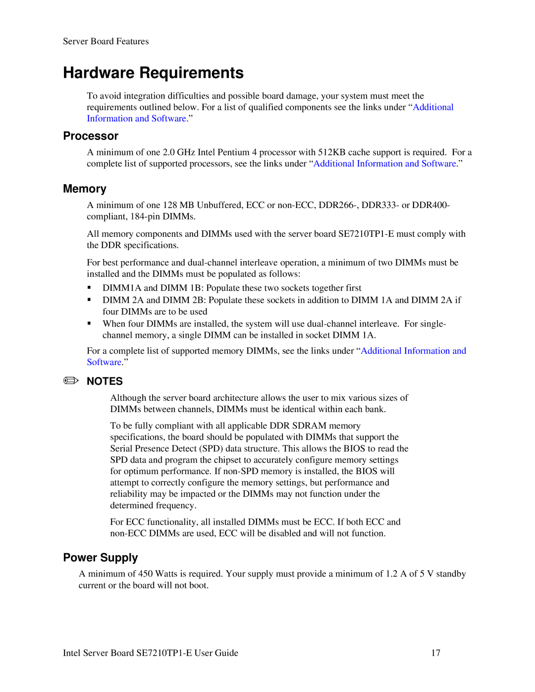 Intel SE7210TP1-E manual Hardware Requirements, Processor, Memory, Power Supply 