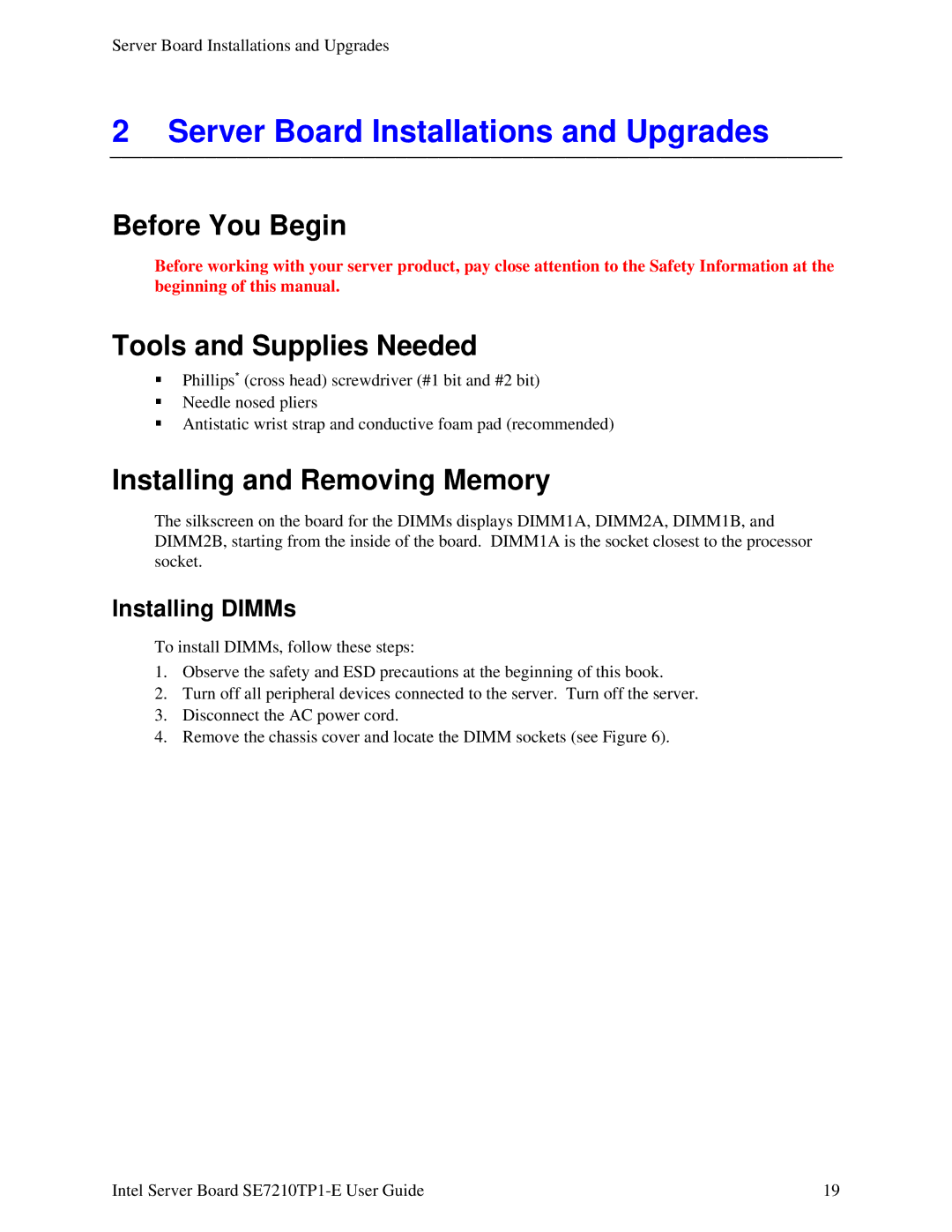 Intel SE7210TP1-E Server Board Installations and Upgrades, Before You Begin, Tools and Supplies Needed, Installing DIMMs 