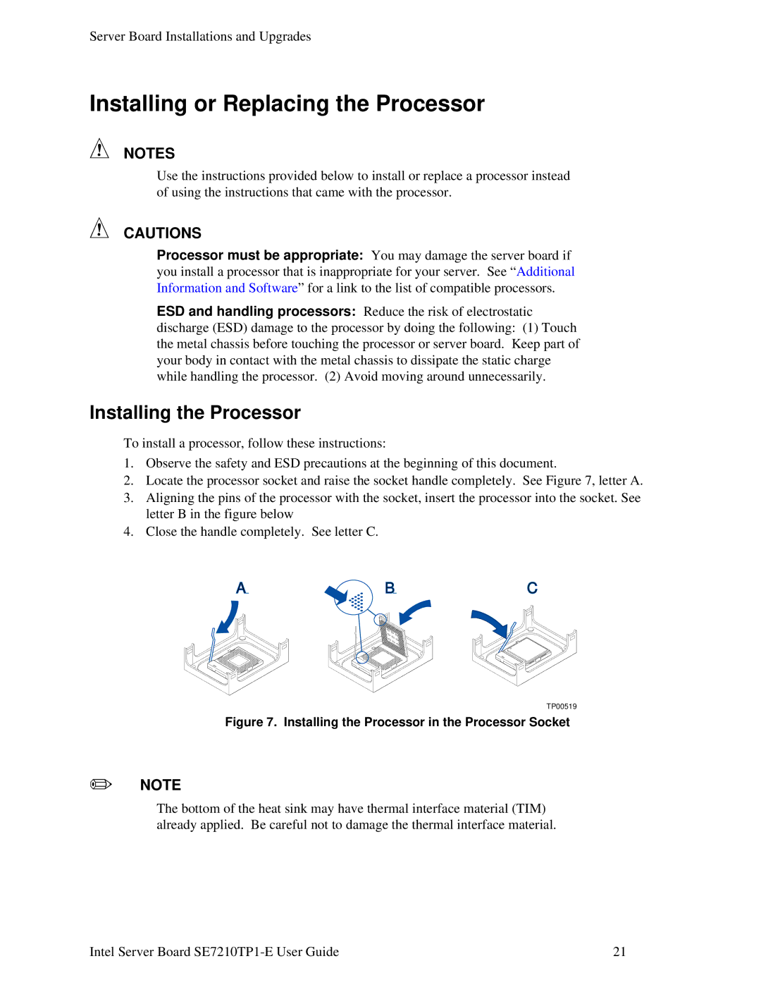 Intel SE7210TP1-E manual Installing or Replacing the Processor, Installing the Processor 