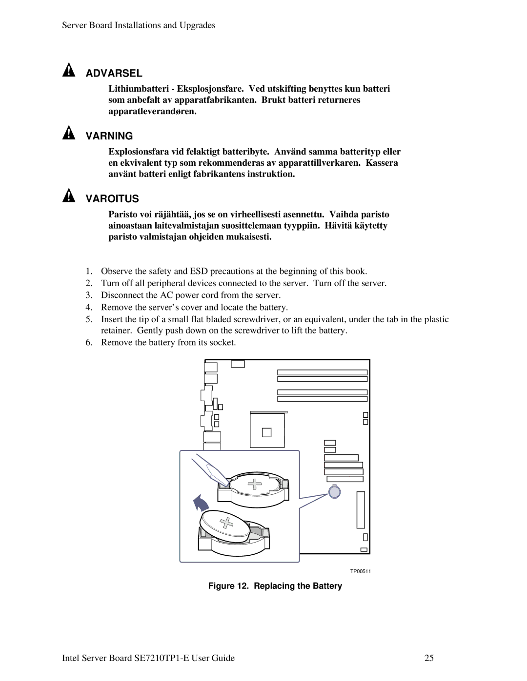 Intel SE7210TP1-E manual Varning 