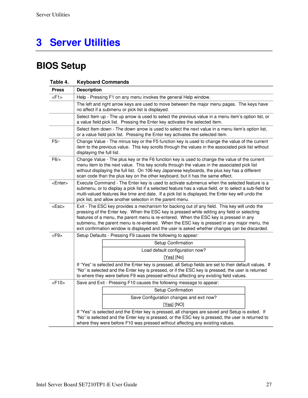 Intel SE7210TP1-E manual Server Utilities, Bios Setup, Keyboard Commands, Press Description 