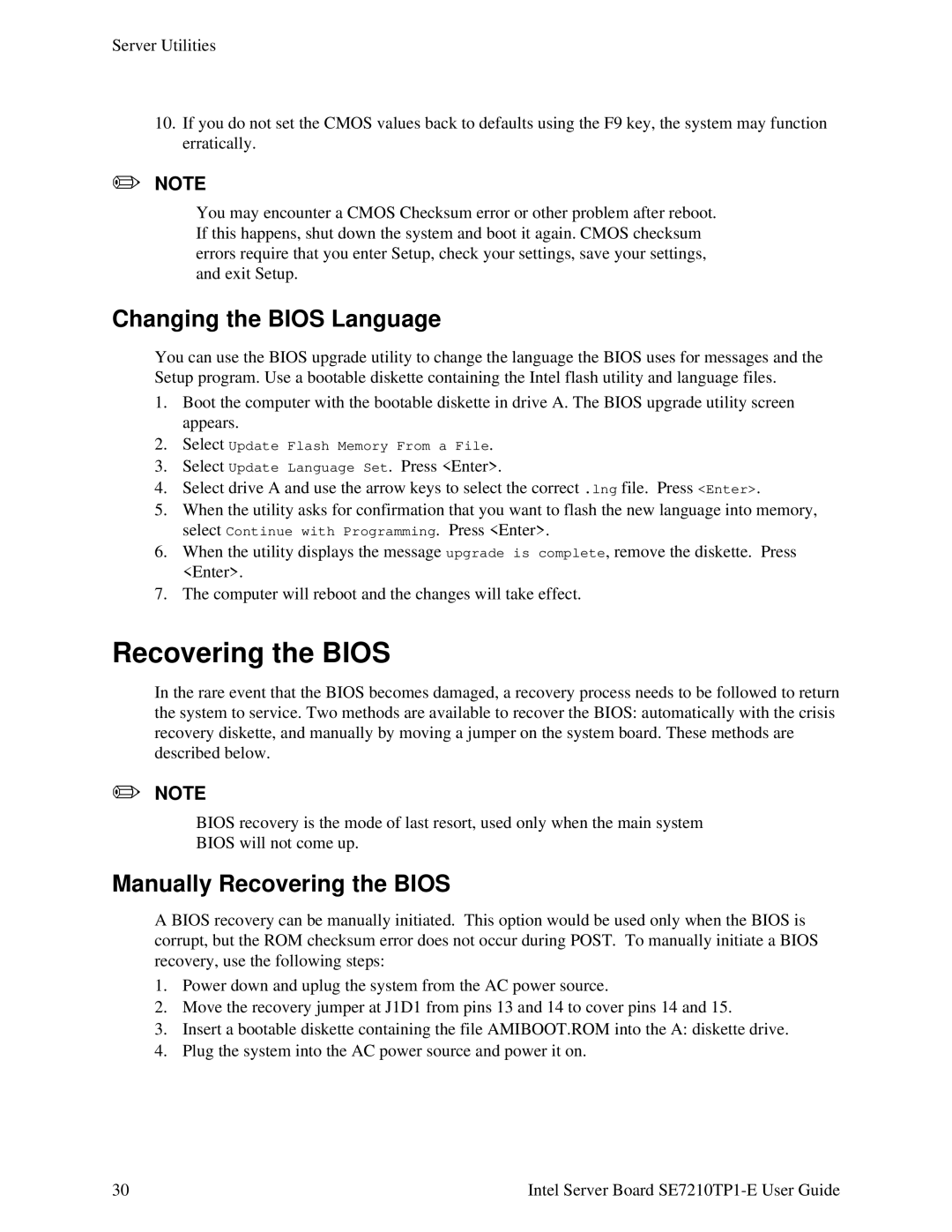 Intel SE7210TP1-E manual Changing the Bios Language, Manually Recovering the Bios 