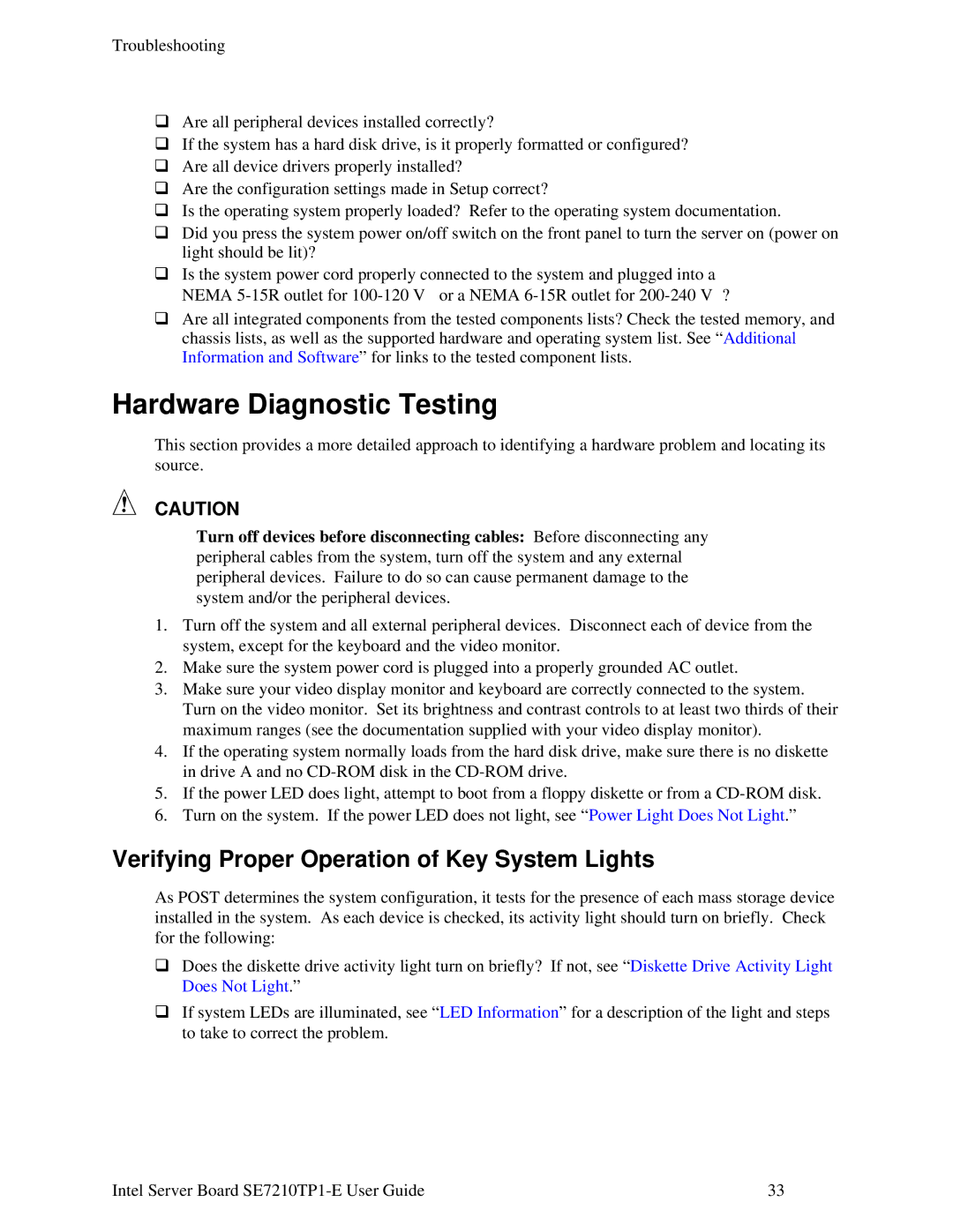 Intel SE7210TP1-E manual Hardware Diagnostic Testing, Verifying Proper Operation of Key System Lights 