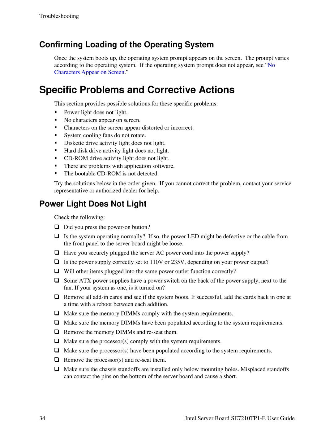 Intel SE7210TP1-E manual Specific Problems and Corrective Actions, Confirming Loading of the Operating System 