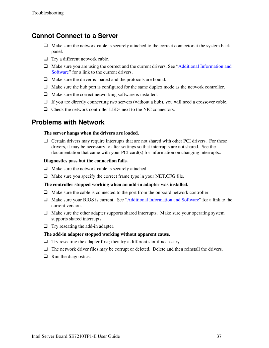 Intel SE7210TP1-E manual Cannot Connect to a Server, Problems with Network 