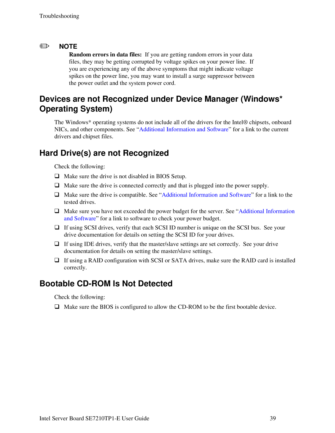 Intel SE7210TP1-E manual Hard Drives are not Recognized, Bootable CD-ROM Is Not Detected 