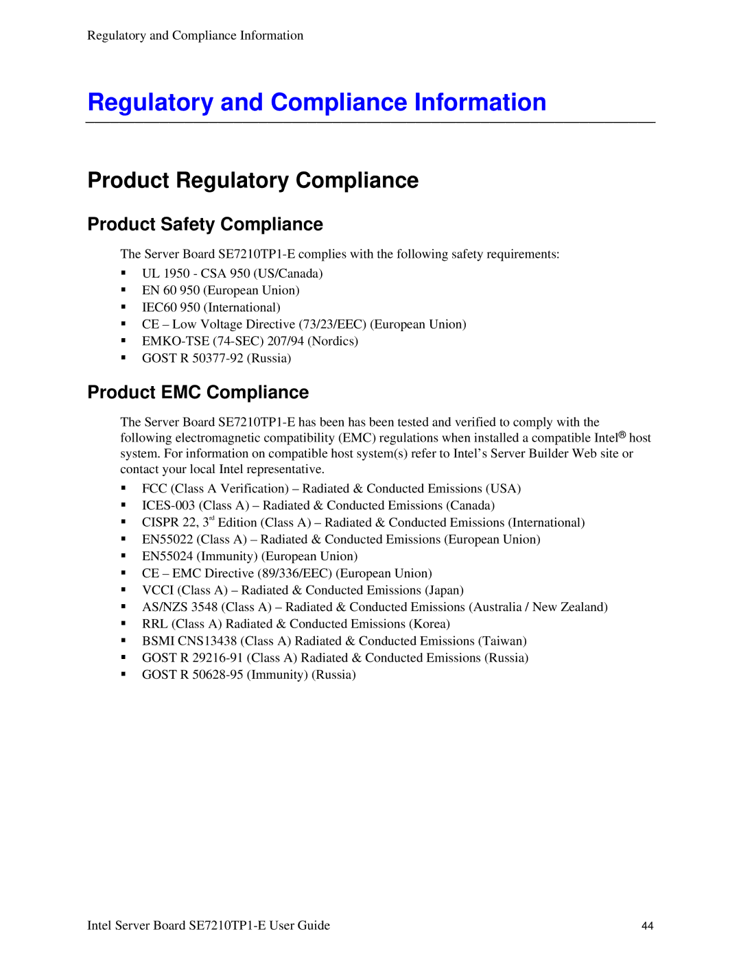 Intel SE7210TP1-E manual Regulatory and Compliance Information, Product Regulatory Compliance, Product Safety Compliance 