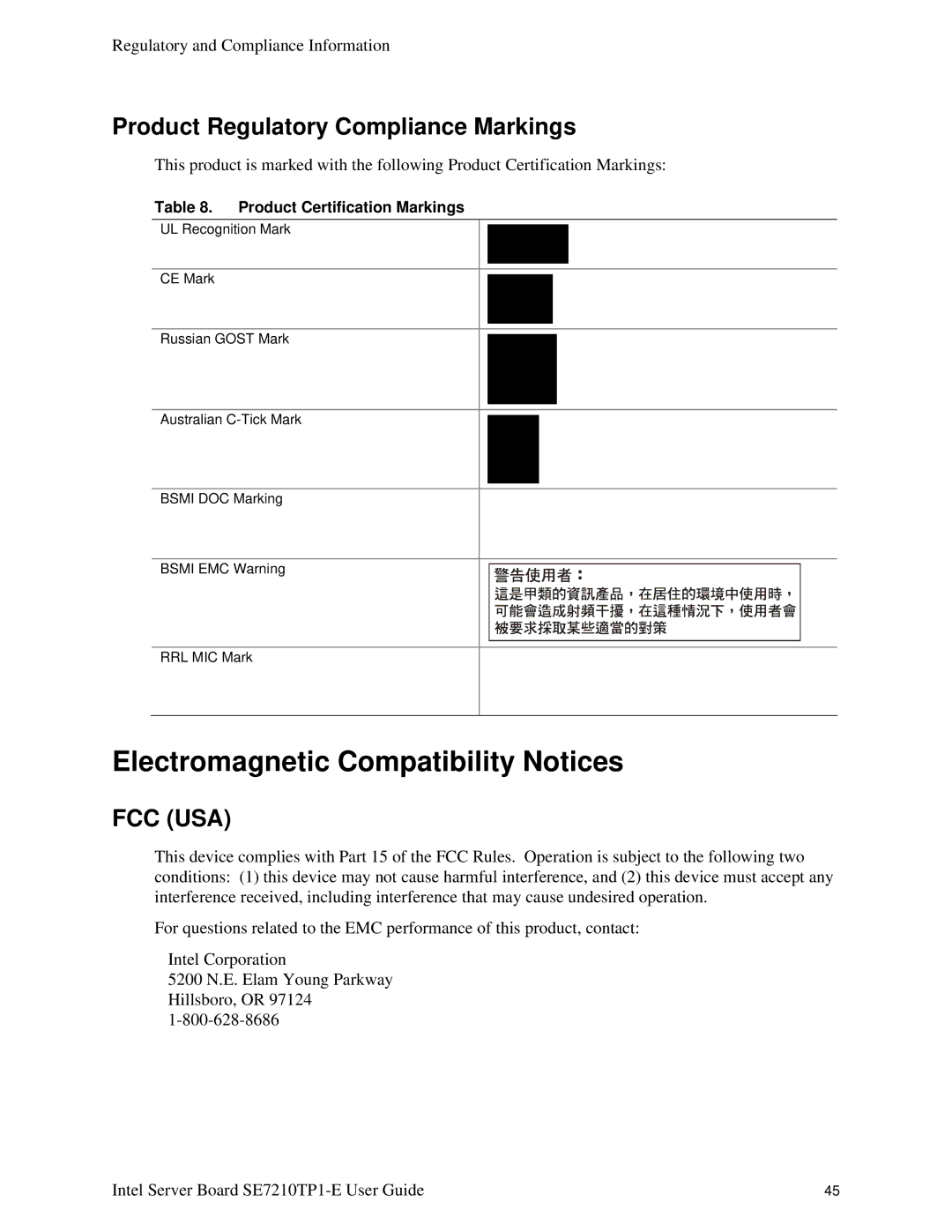 Intel SE7210TP1-E manual Electromagnetic Compatibility Notices, Product Regulatory Compliance Markings 