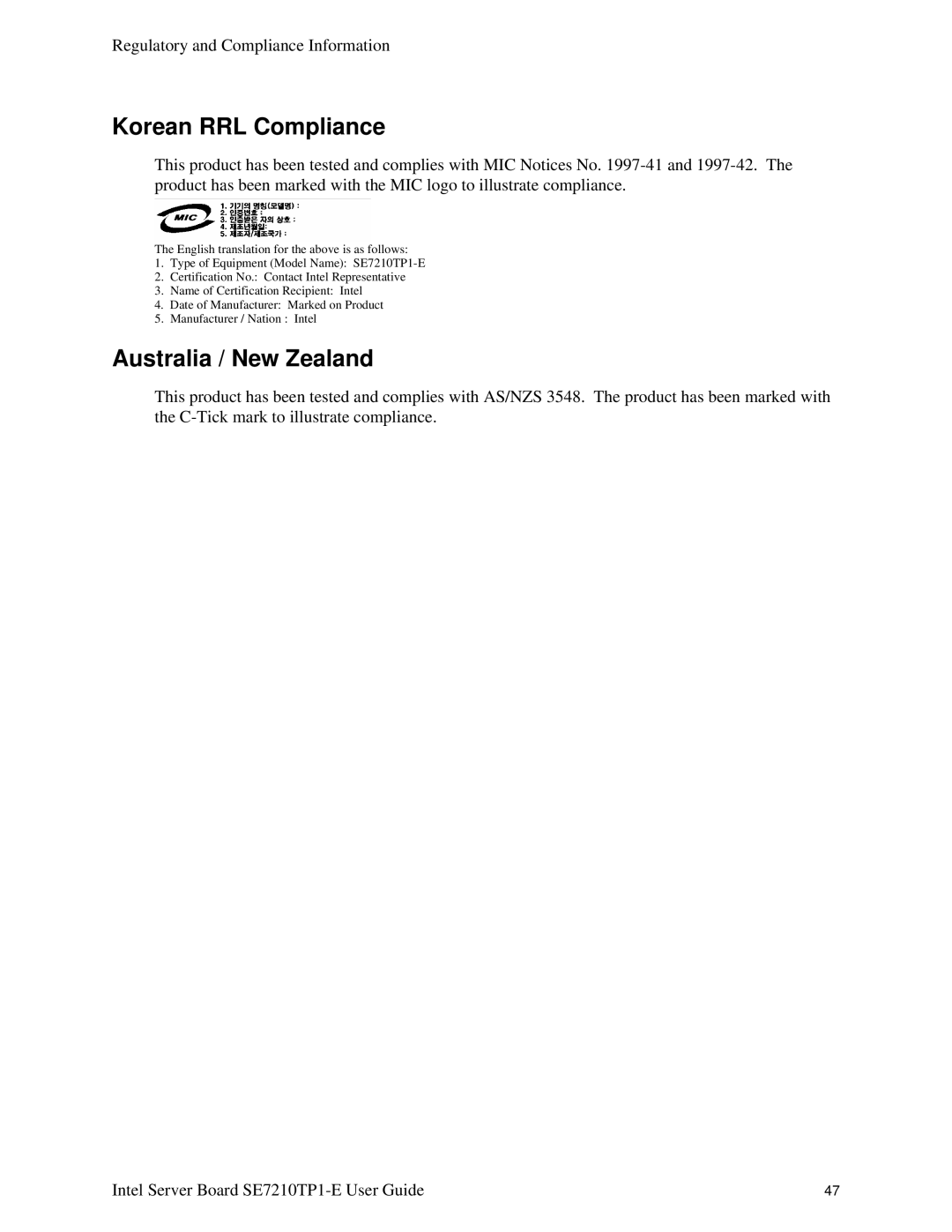 Intel SE7210TP1-E manual Korean RRL Compliance, Australia / New Zealand 