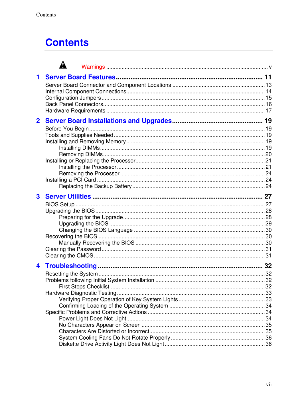 Intel SE7210TP1-E manual Contents 