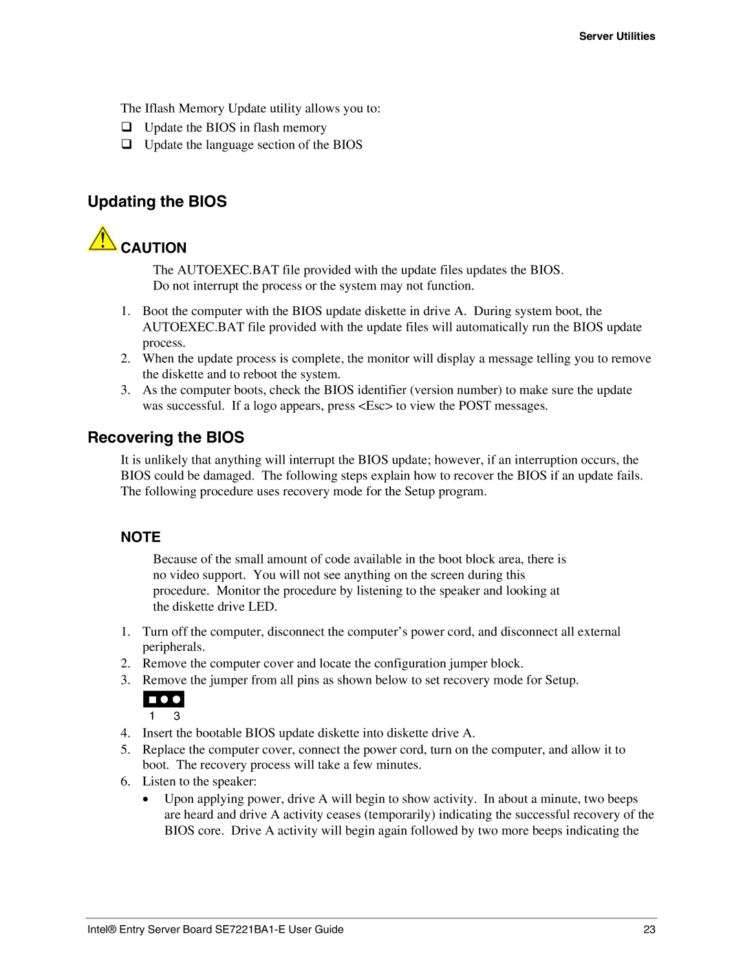 Intel SE7221BA1-E manual Updating the Bios, Recovering the Bios 