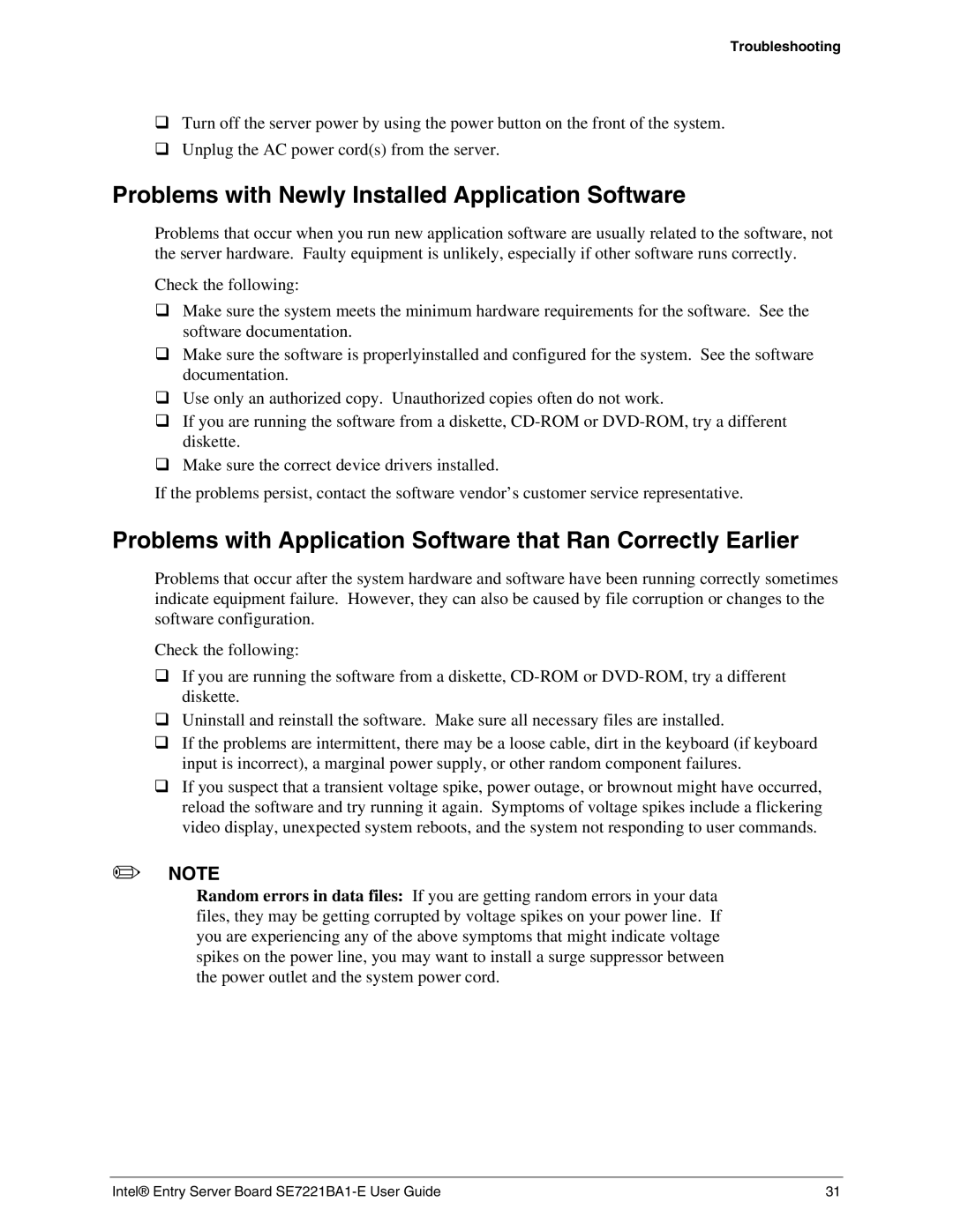 Intel SE7221BA1-E manual Problems with Newly Installed Application Software 