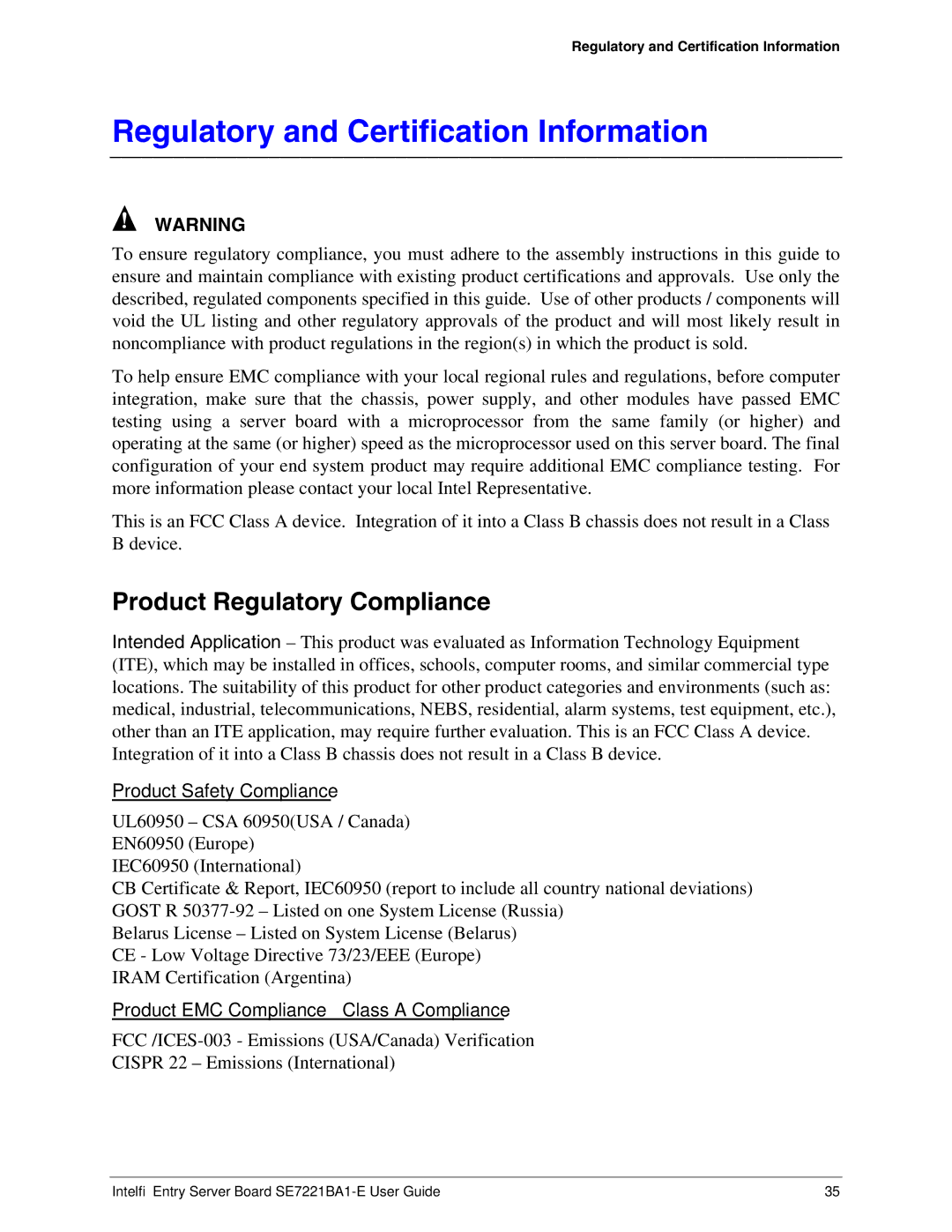 Intel SE7221BA1-E manual Regulatory and Certification Information 