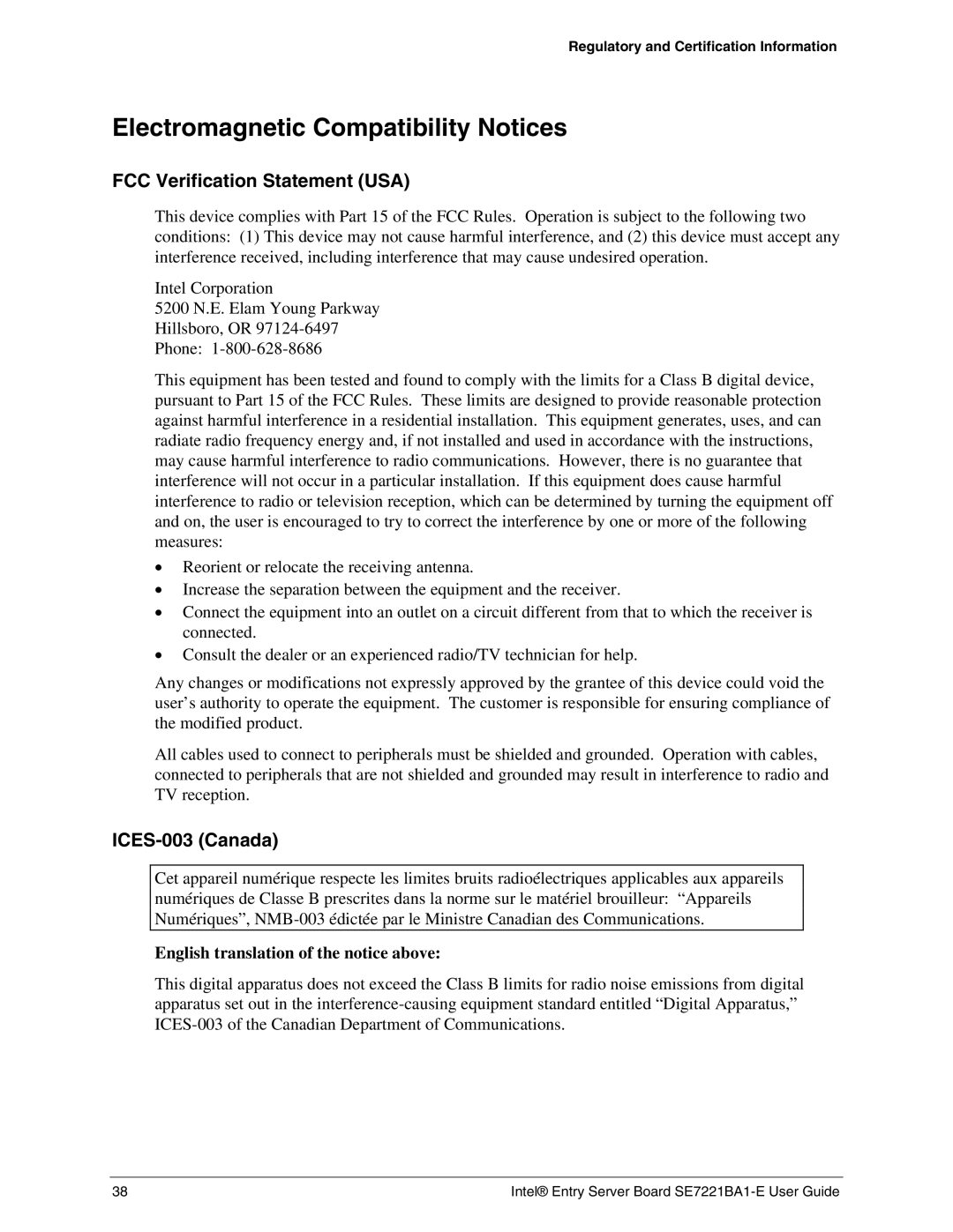 Intel SE7221BA1-E manual Electromagnetic Compatibility Notices 