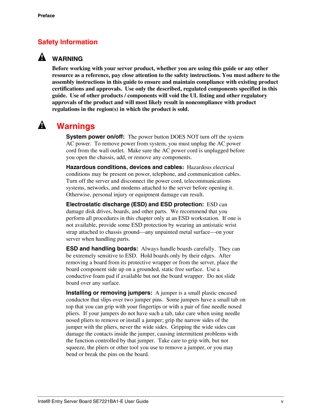 Intel SE7221BA1-E manual Safety Information 