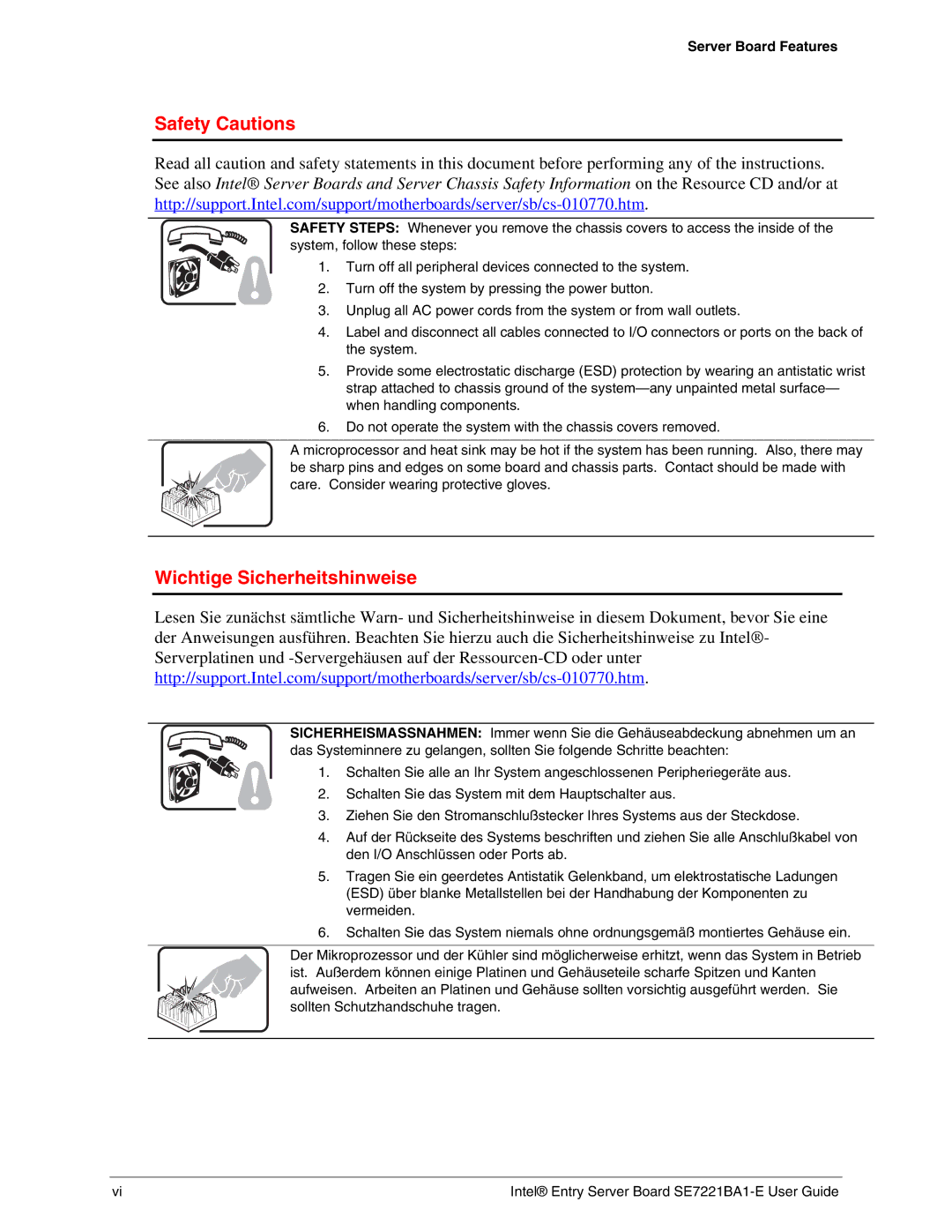 Intel SE7221BA1-E manual Safety Cautions 