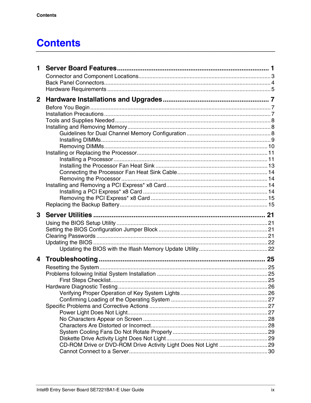 Intel SE7221BA1-E manual Contents 