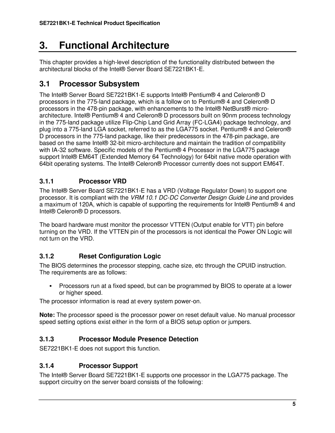 Intel SE7221BK1-E manual Functional Architecture, Processor Subsystem 