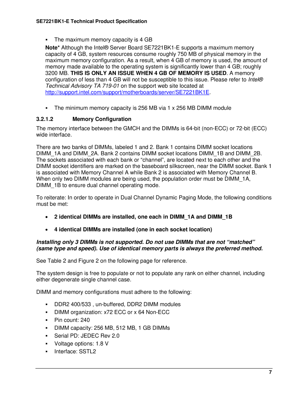 Intel SE7221BK1-E manual Memory Configuration 