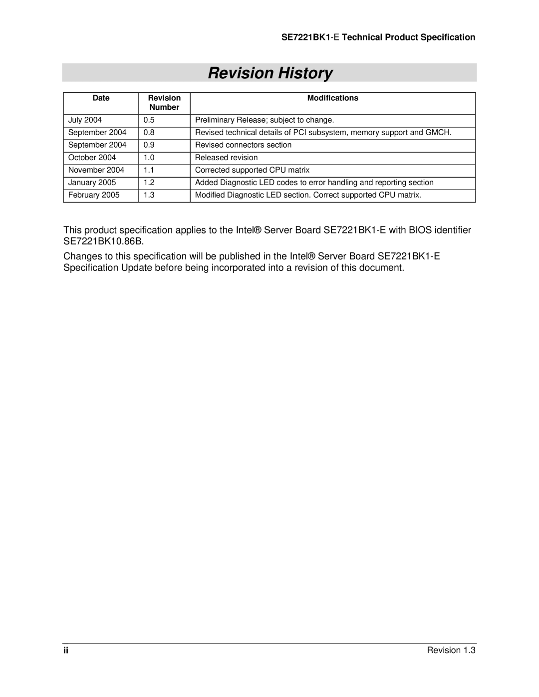 Intel manual SE7221BK1-ETechnical Product Specification, Date Revision Modifications Number 