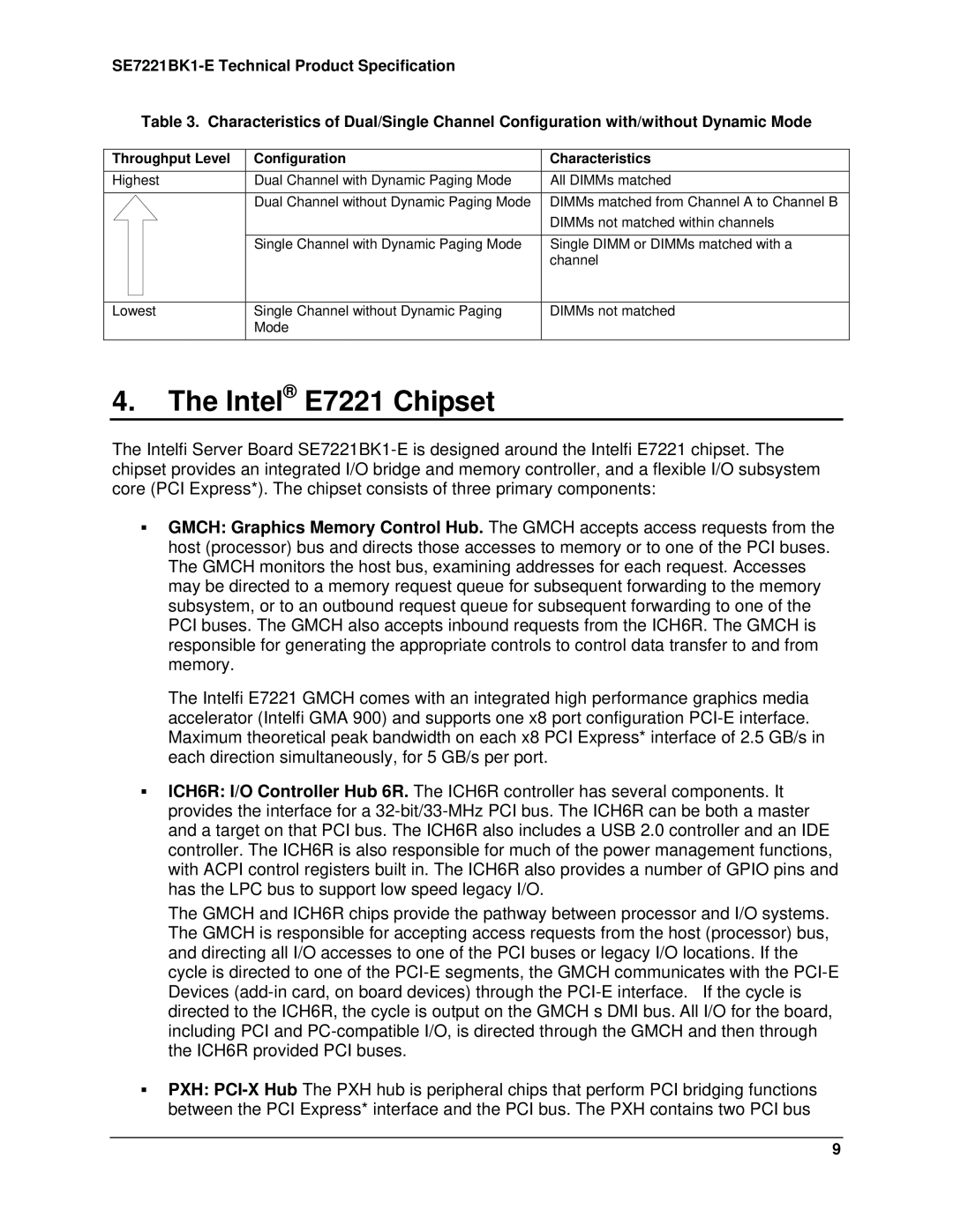 Intel SE7221BK1-E manual Intel E7221 Chipset, Throughput Level Configuration Characteristics 