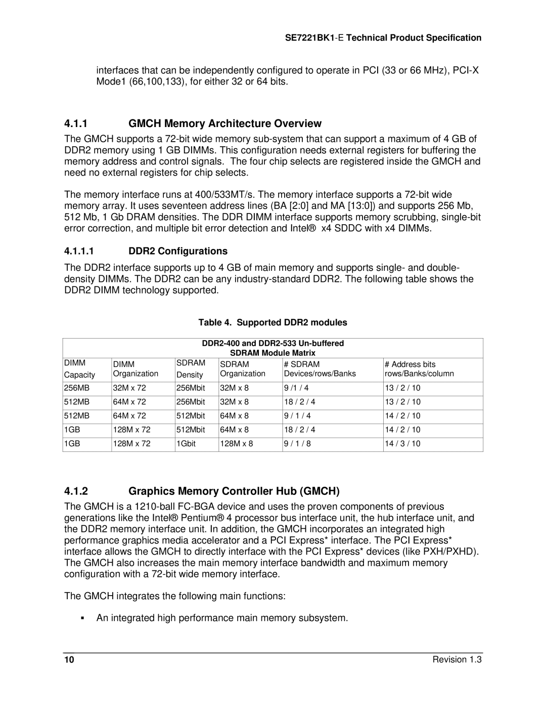 Intel SE7221BK1-E manual Gmch Memory Architecture Overview, Graphics Memory Controller Hub Gmch, 1.1 DDR2 Configurations 