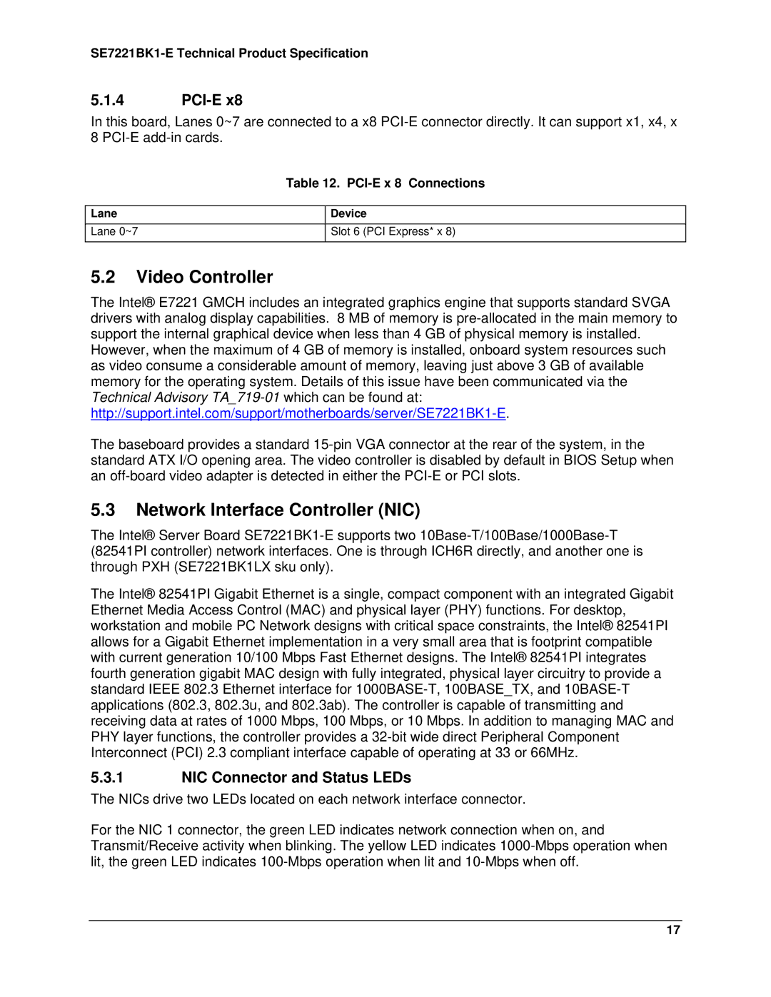 Intel SE7221BK1-E manual Video Controller, Network Interface Controller NIC, Pci-E, NIC Connector and Status LEDs 