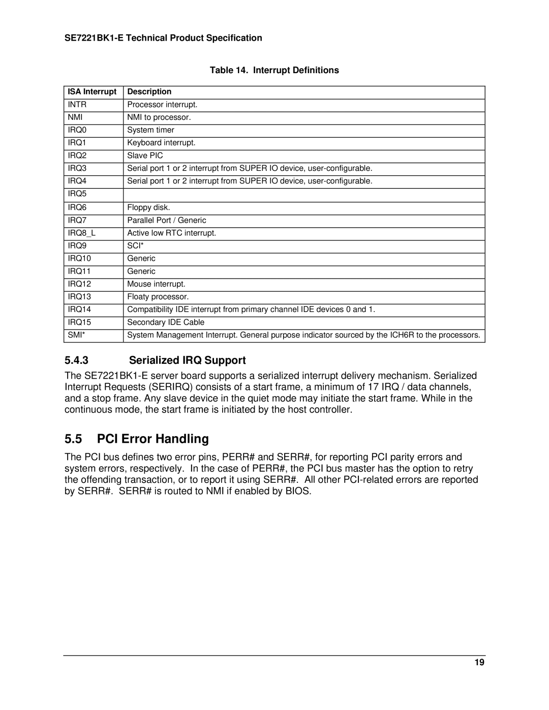 Intel SE7221BK1-E manual PCI Error Handling, Serialized IRQ Support, ISA Interrupt Description 