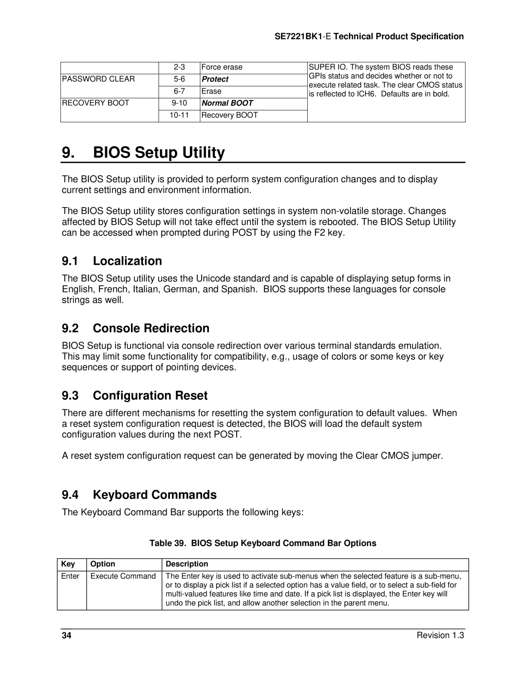 Intel SE7221BK1-E manual Bios Setup Utility, Localization, Console Redirection, Configuration Reset, Keyboard Commands 