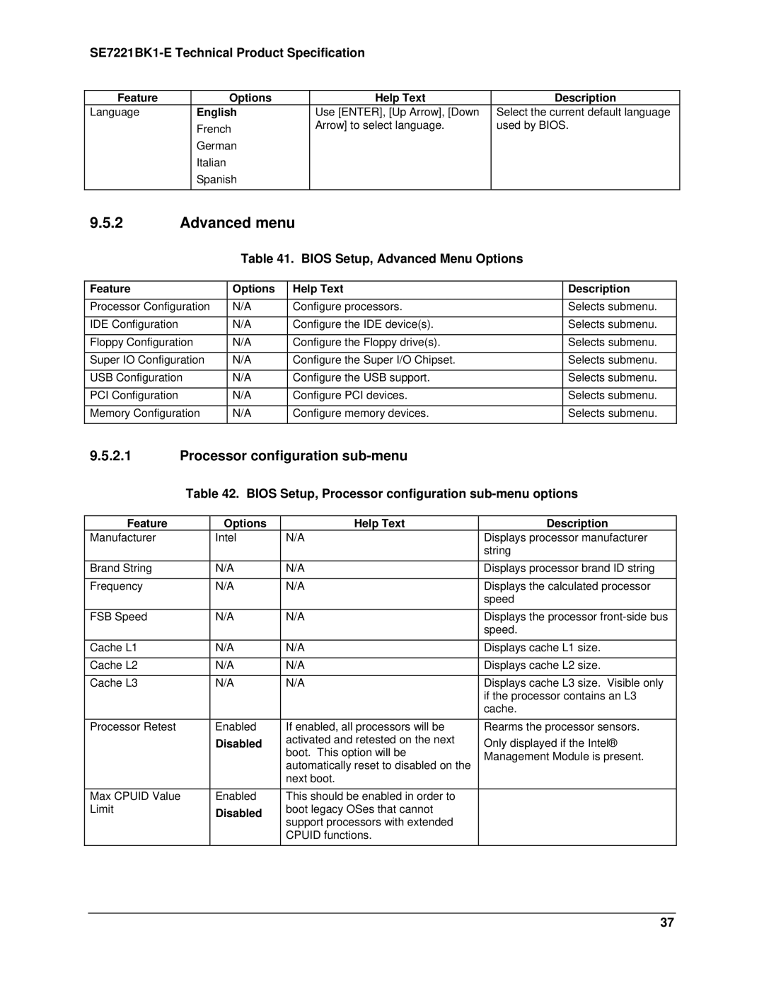 Intel SE7221BK1-E manual Advanced menu, Processor configuration sub-menu, Bios Setup, Advanced Menu Options 