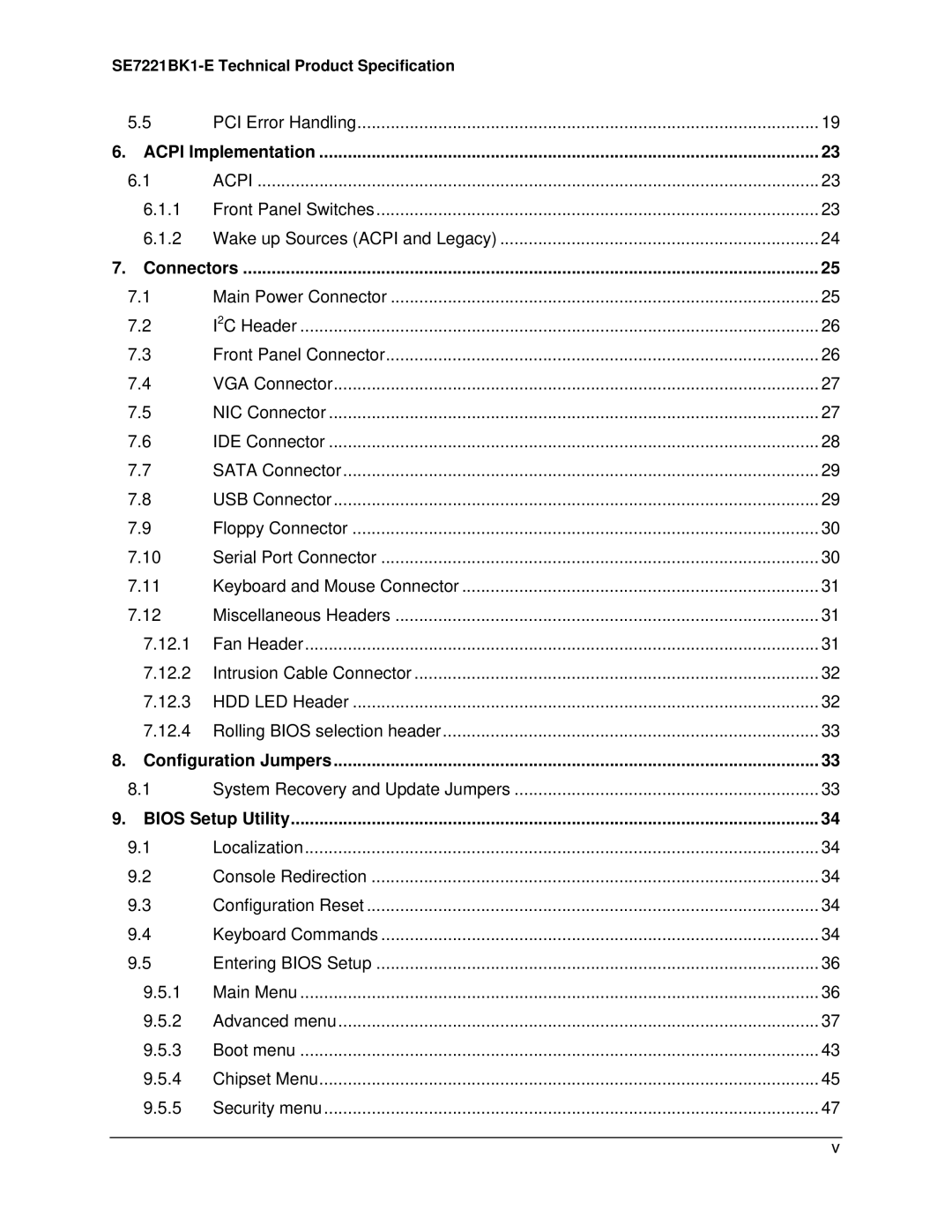 Intel SE7221BK1-E manual Acpi Implementation, Connectors, Configuration Jumpers, Bios Setup Utility 