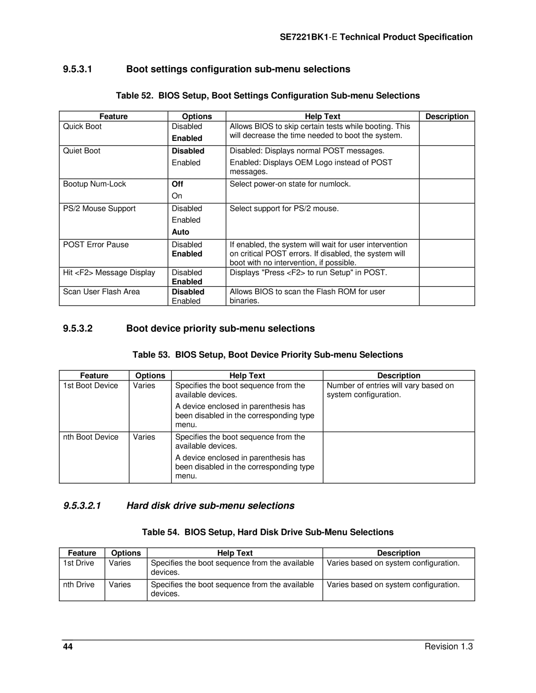 Intel SE7221BK1-E manual Boot settings configuration sub-menu selections, Boot device priority sub-menu selections 