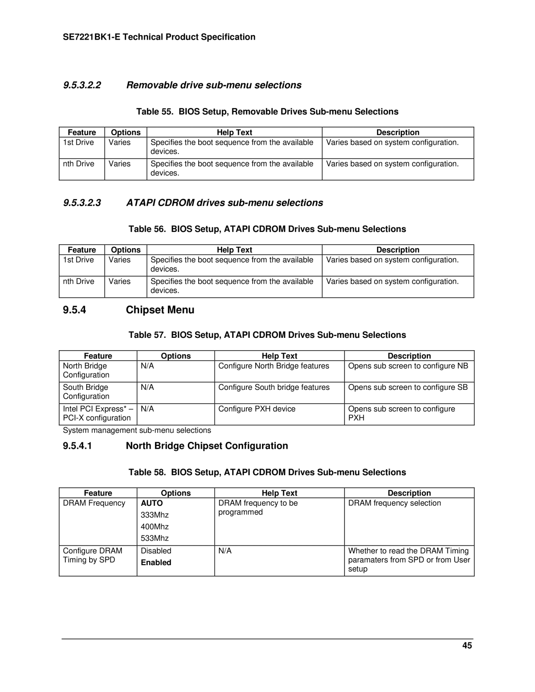 Intel SE7221BK1-E Chipset Menu, North Bridge Chipset Configuration, Bios Setup, Removable Drives Sub-menu Selections, Pxh 