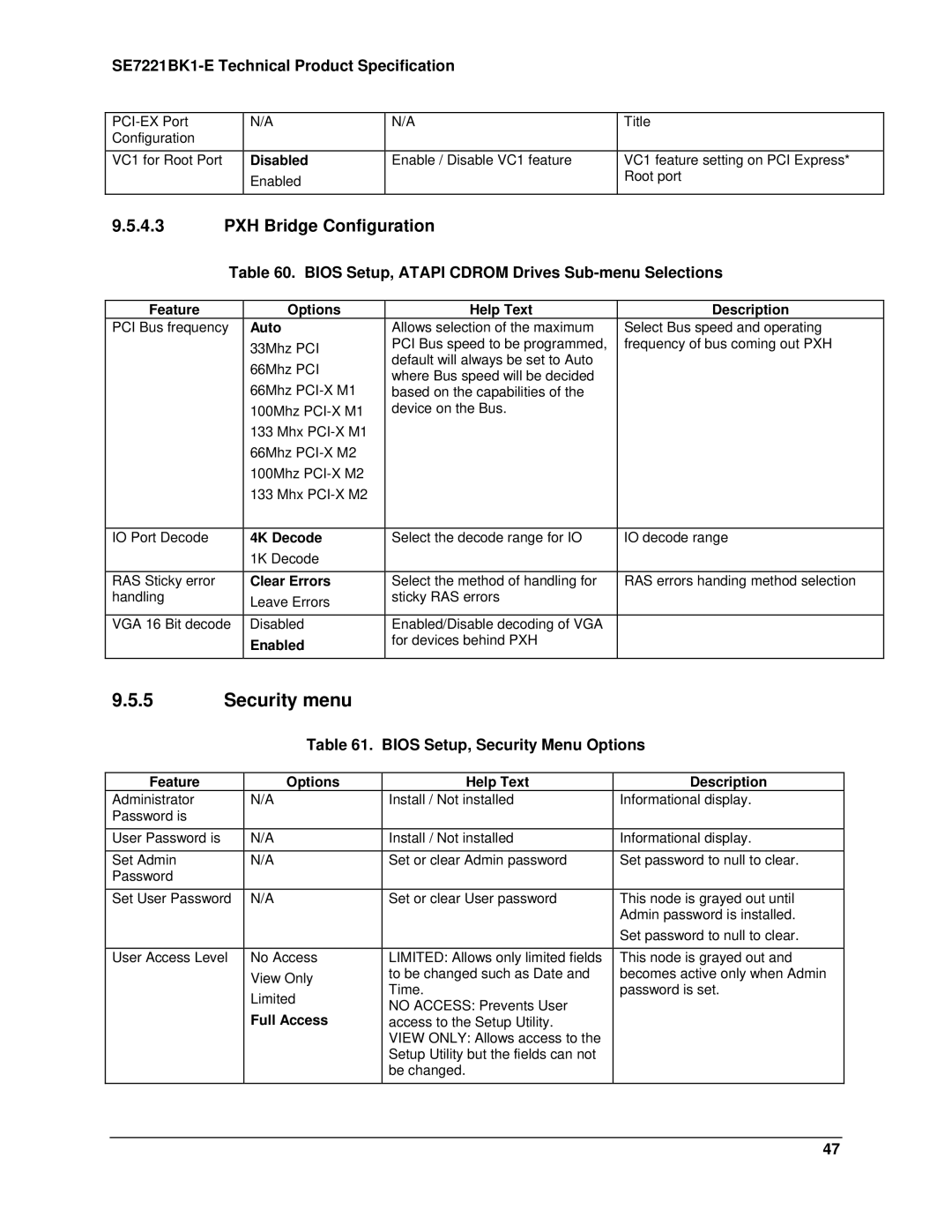 Intel SE7221BK1-E manual Security menu, PXH Bridge Configuration, Bios Setup, Security Menu Options 