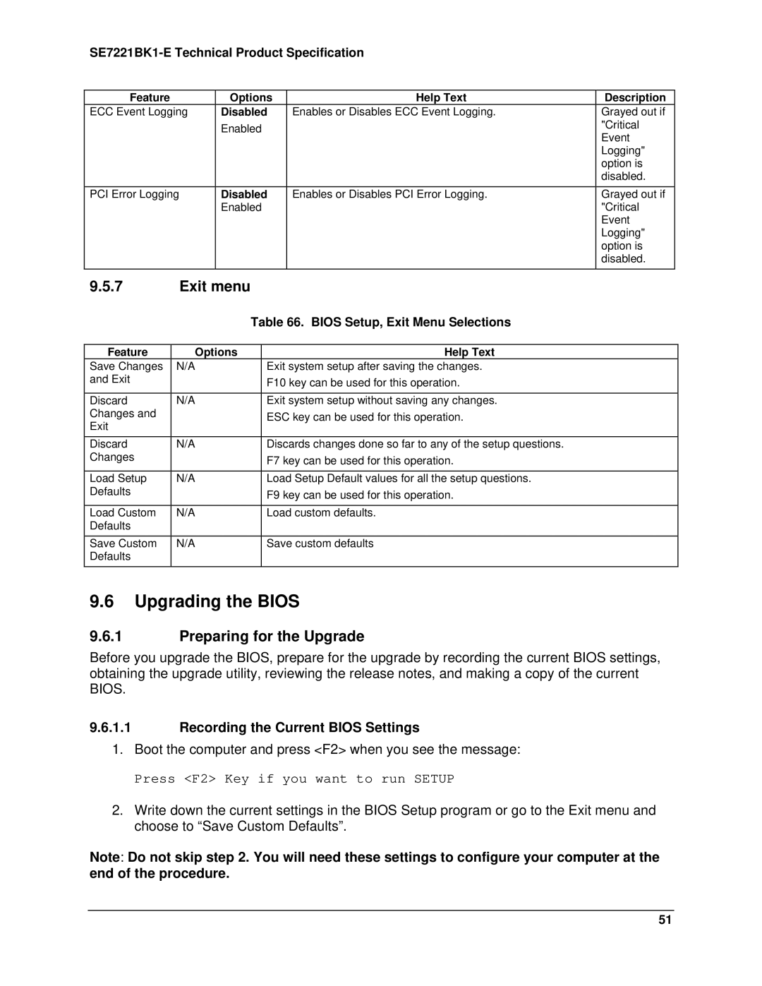 Intel SE7221BK1-E manual Upgrading the Bios, Exit menu, Preparing for the Upgrade, Recording the Current Bios Settings 