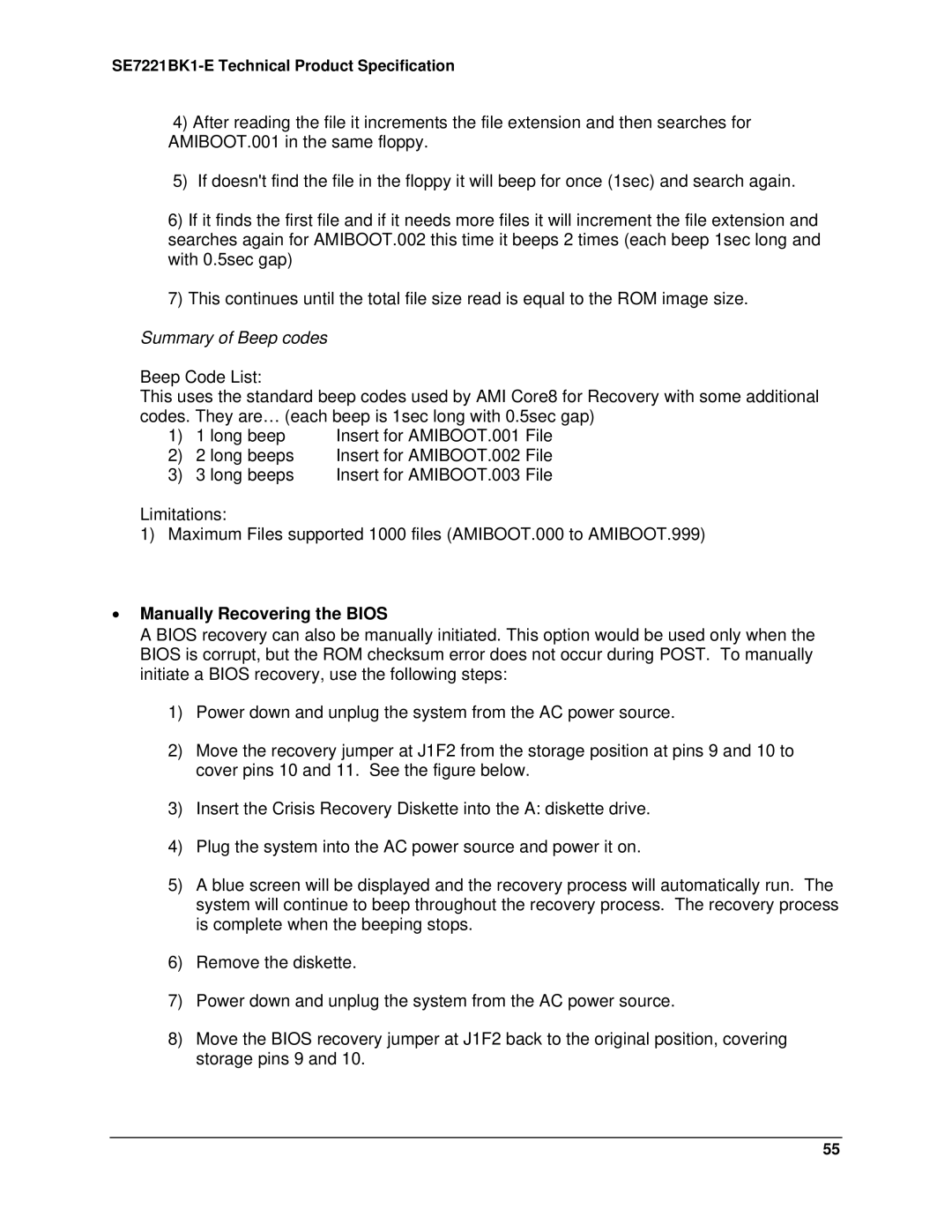 Intel SE7221BK1-E manual Summary of Beep codes, Manually Recovering the Bios 