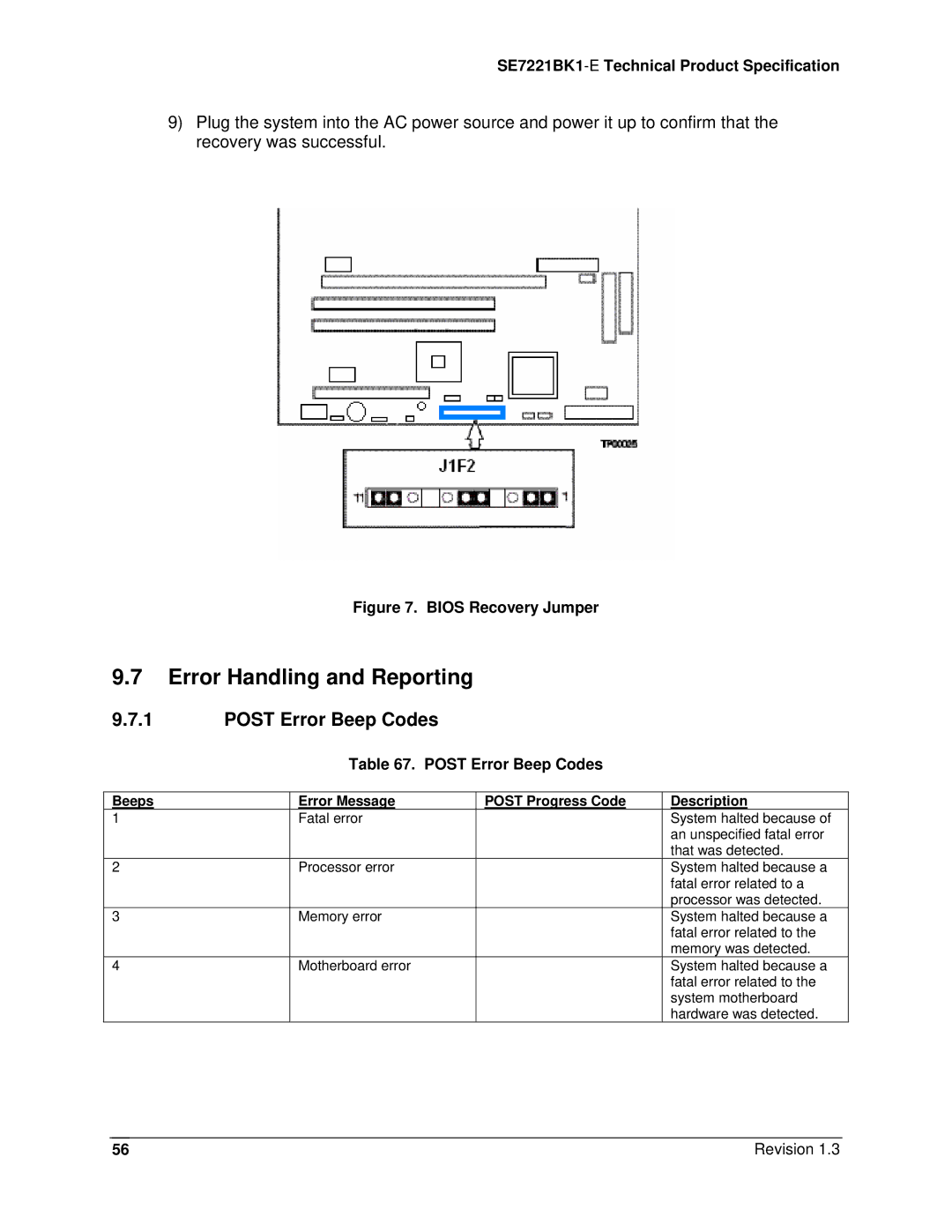 Intel SE7221BK1-E Error Handling and Reporting, Post Error Beep Codes, Beeps Error Message Post Progress Code Description 