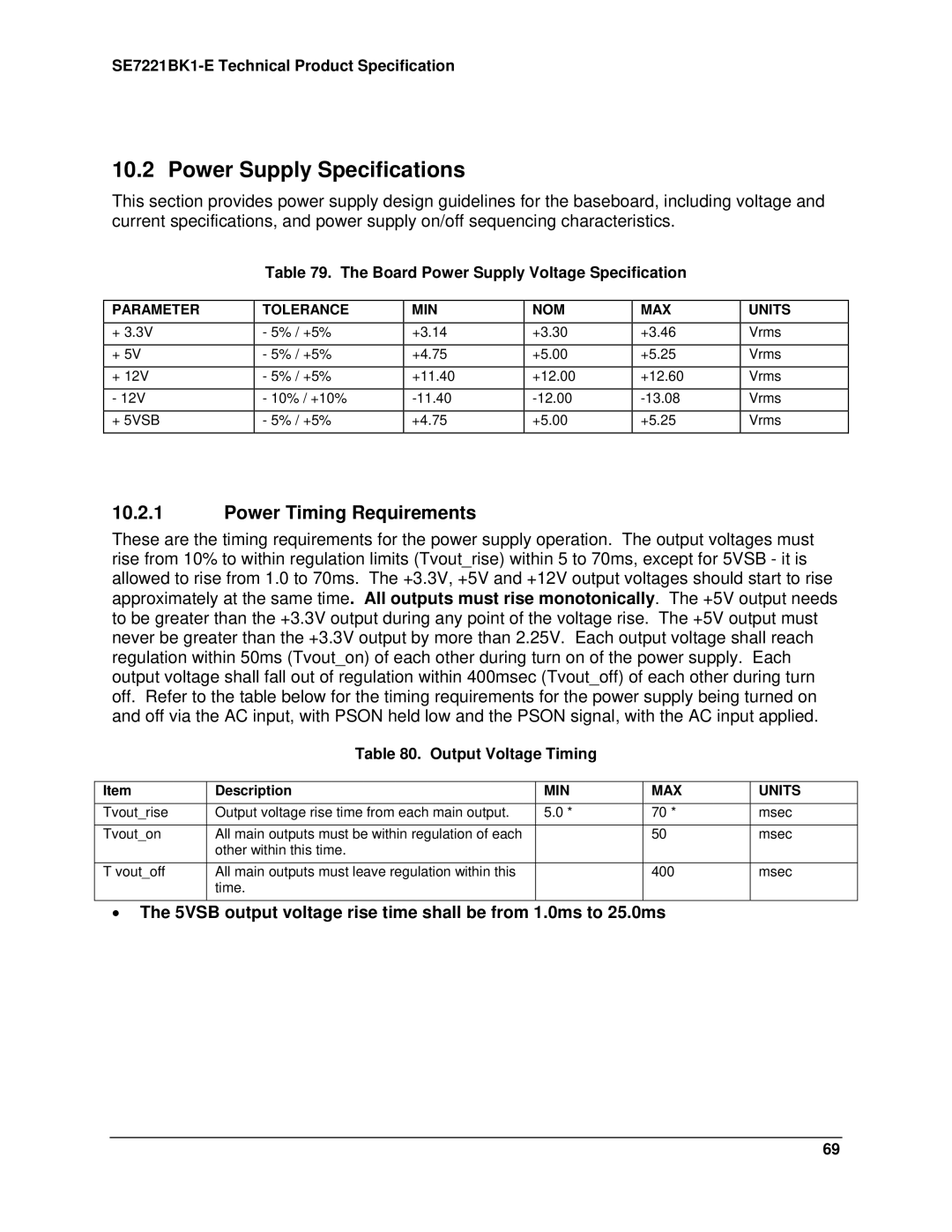 Intel SE7221BK1-E manual Power Supply Specifications, Power Timing Requirements, Board Power Supply Voltage Specification 