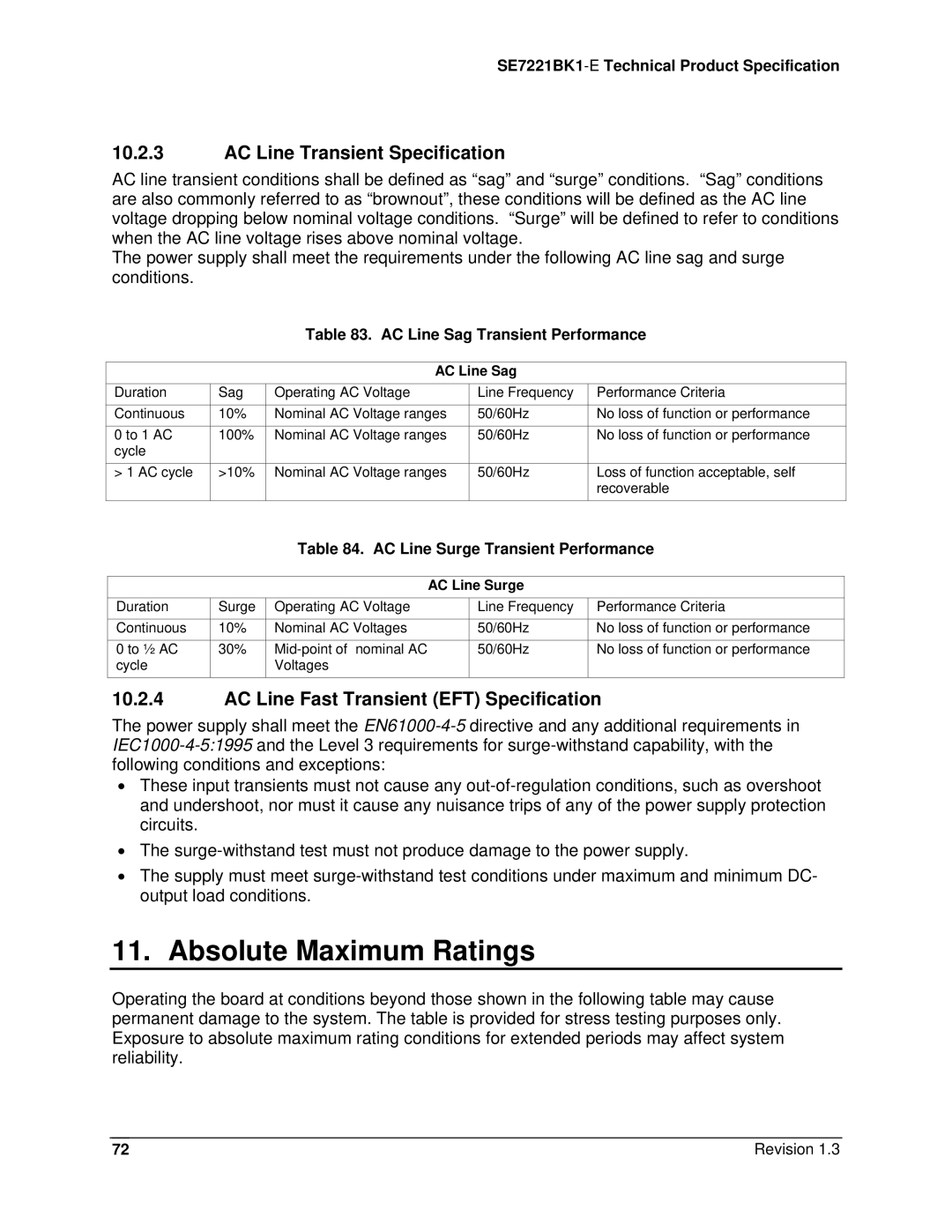 Intel SE7221BK1-E Absolute Maximum Ratings, AC Line Transient Specification, AC Line Fast Transient EFT Specification 